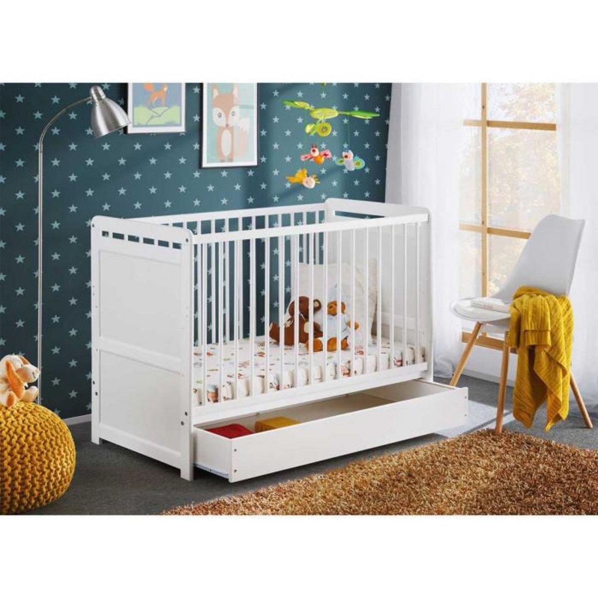 Paris Prix Lit Bébé, Matelas & Tiroir de Lit  Tymek  124cm Blanc