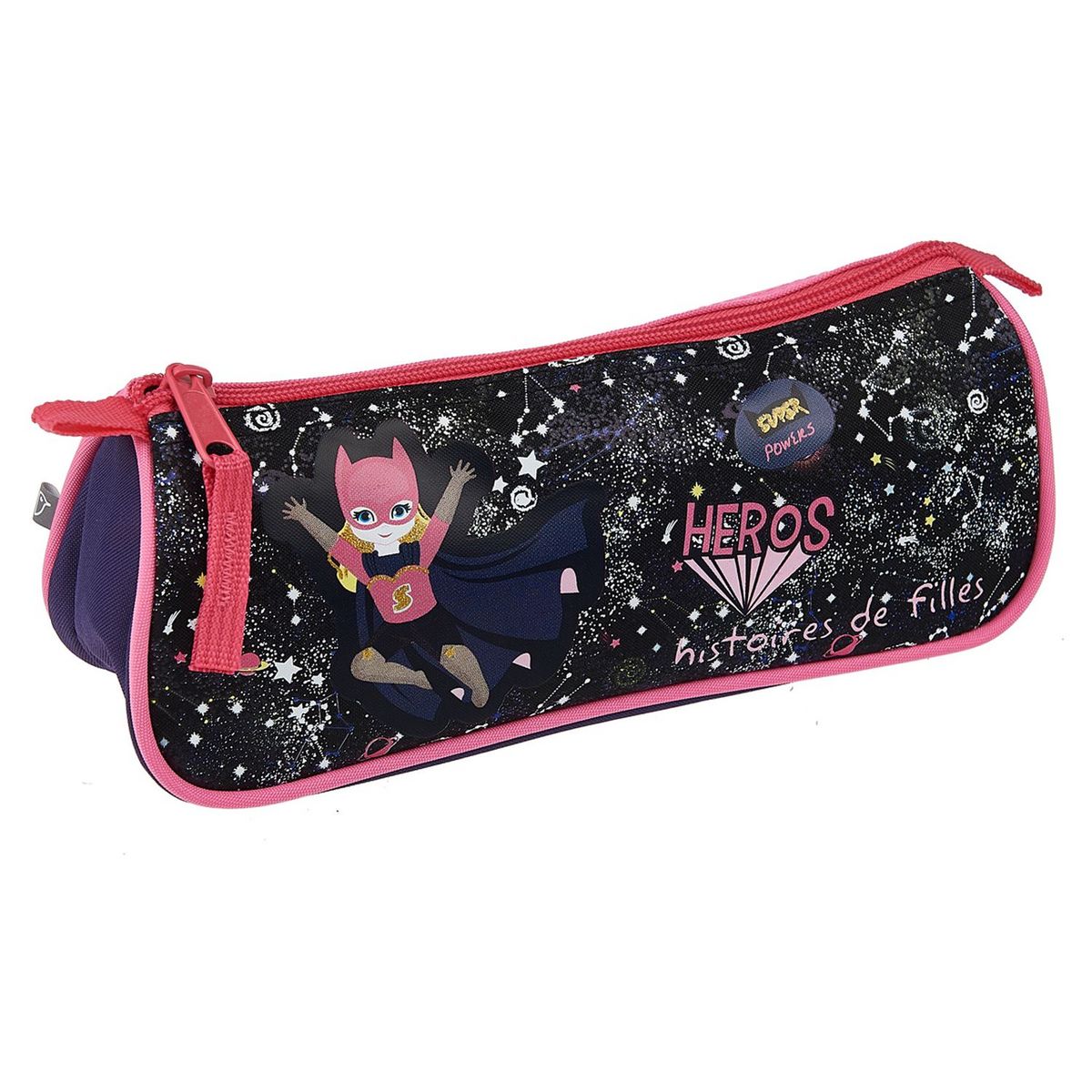 AUCHAN Trousse scolaire triangulaire polyester violet, rose et noir SUPER GIRLY
