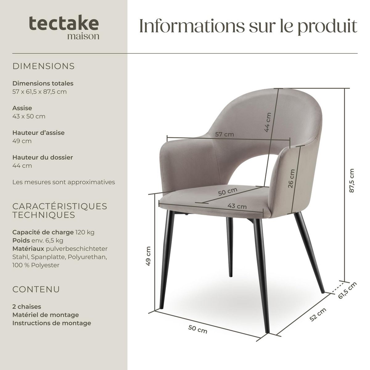 tectake Fauteuil en velours et rembourré taupe Lot de 2
