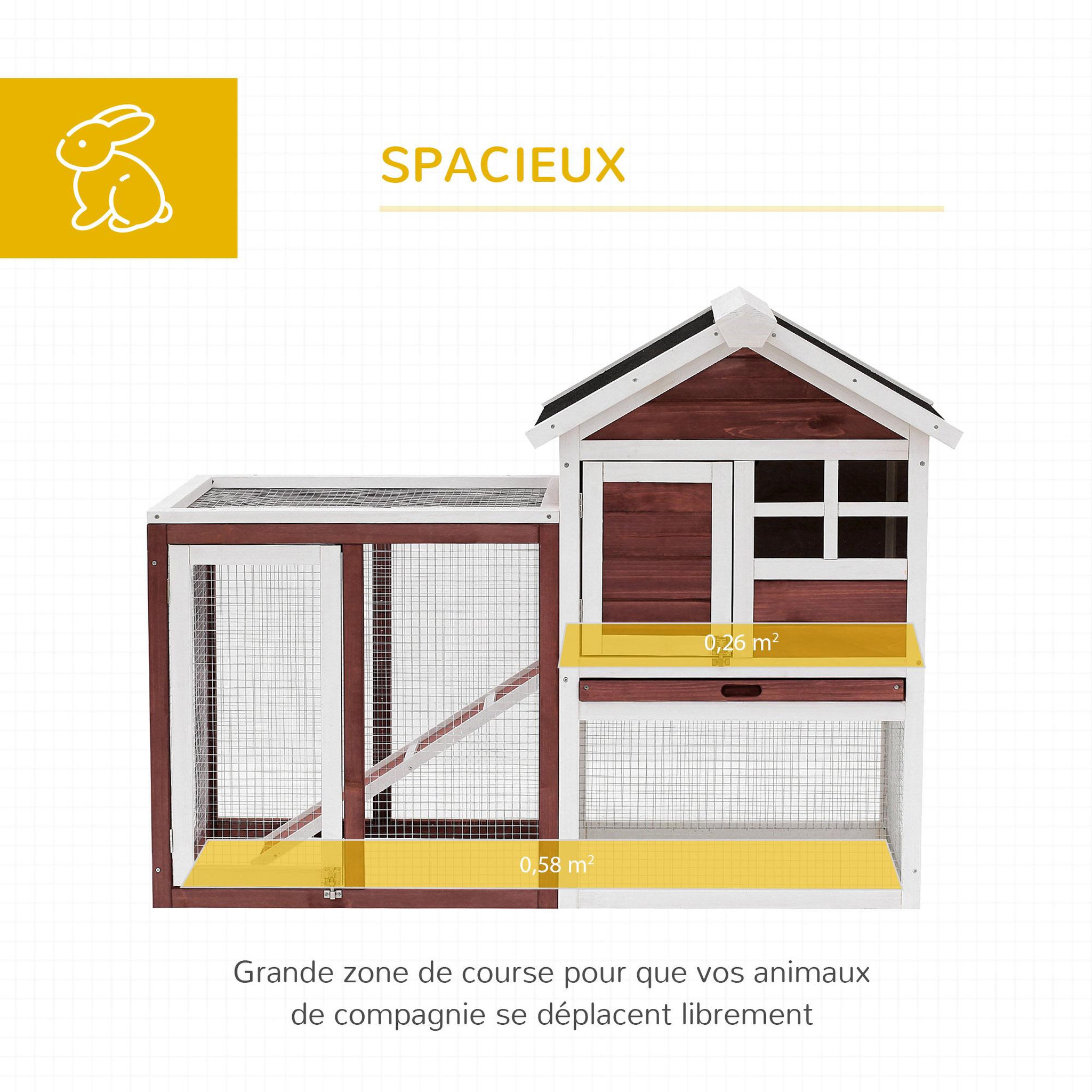 Voir la diapositive 4 : PAWHUT Clapier cage à lapins multi-équipé : niche supérieure avec rampe, plateau excrément, fenêtre + enclos  extérieur sécurisé 2 portes 122l x 63l x 92h cm rouge brique