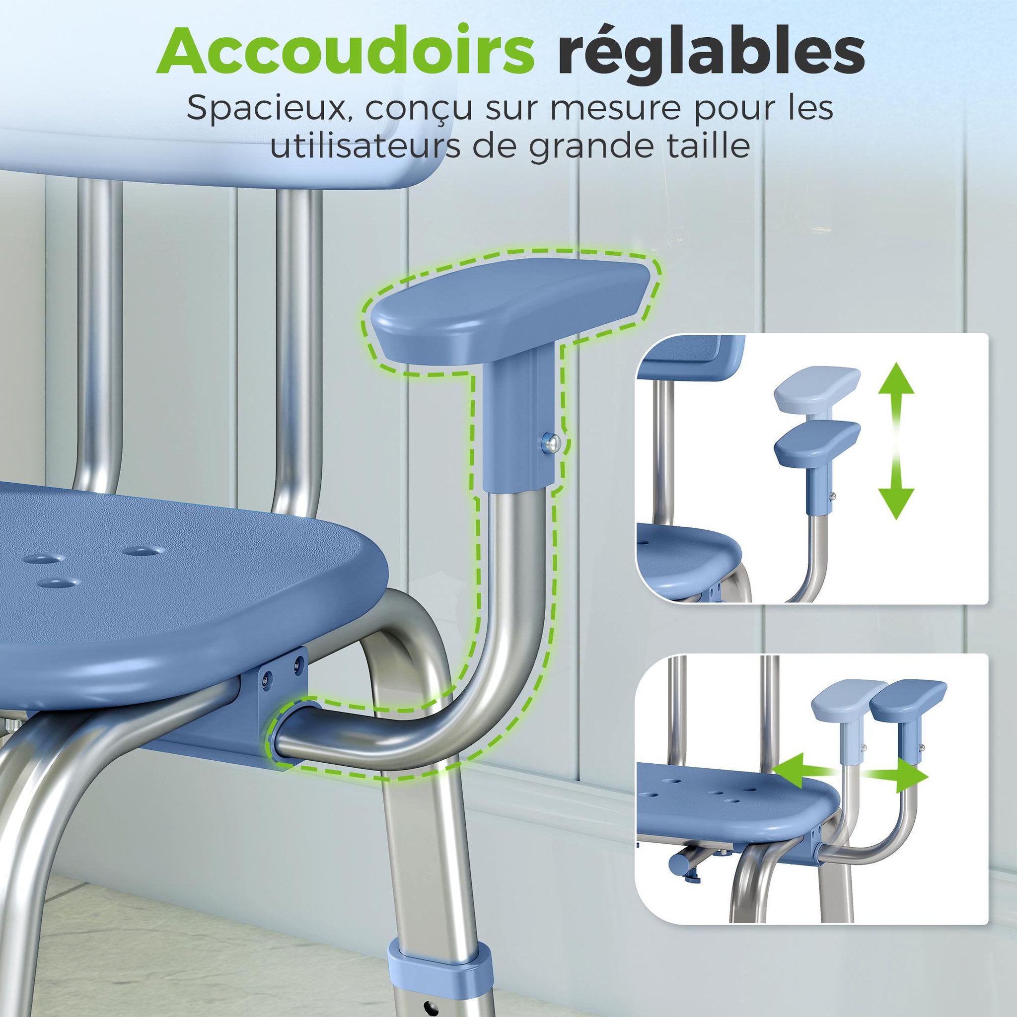 Voir la diapositive 5 : HOMCOM Chaise de douche réglable avec accoudoirs dossier alu hdpe bleu