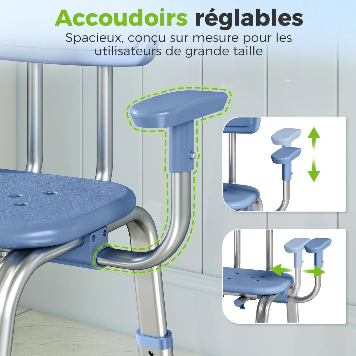 HOMCOM Chaise de douche réglable avec accoudoirs dossier alu HDPE bleu