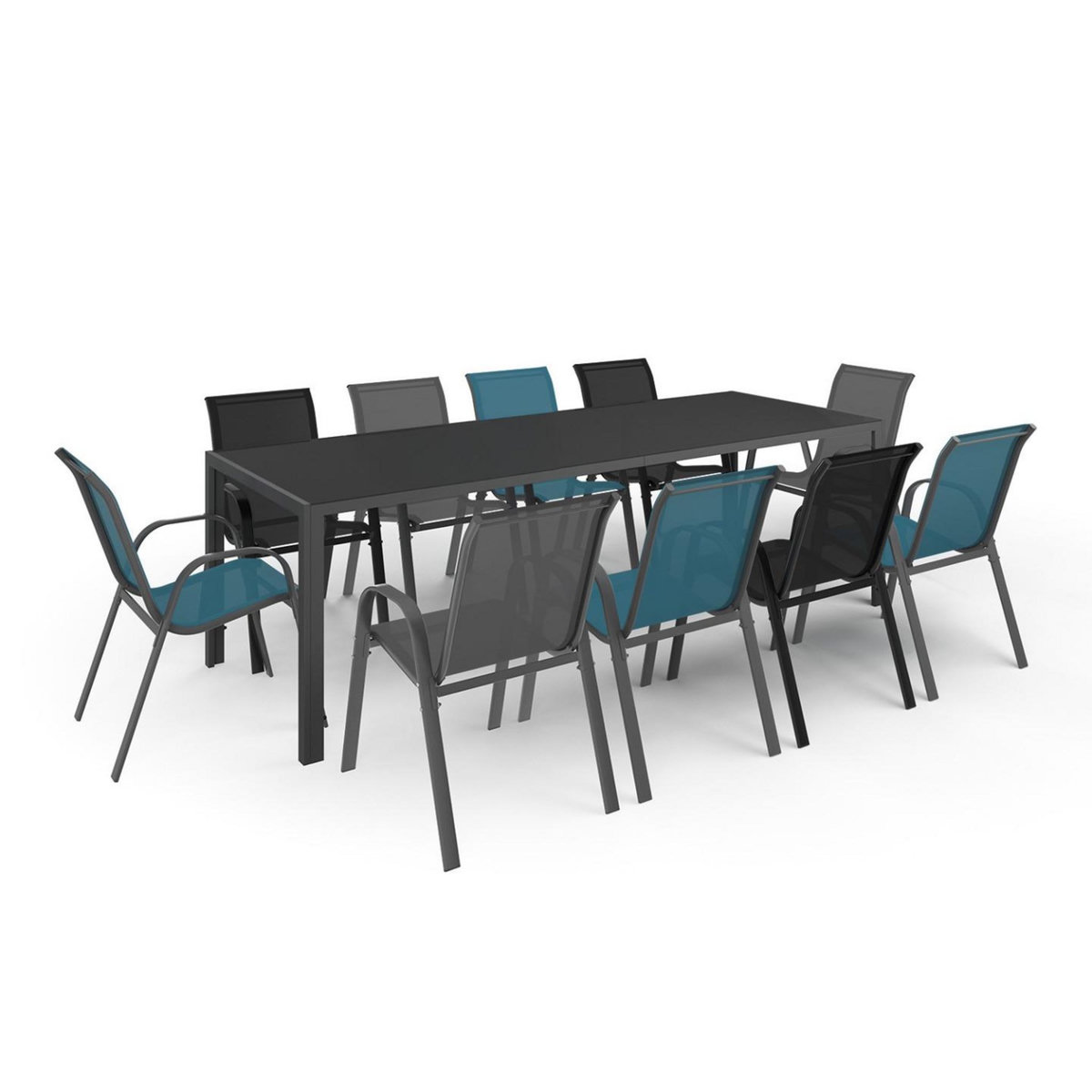 ID MARKET Salon de jardin MADRID table 240 CM et 10 chaises empilables mix color bleu, gris et noir