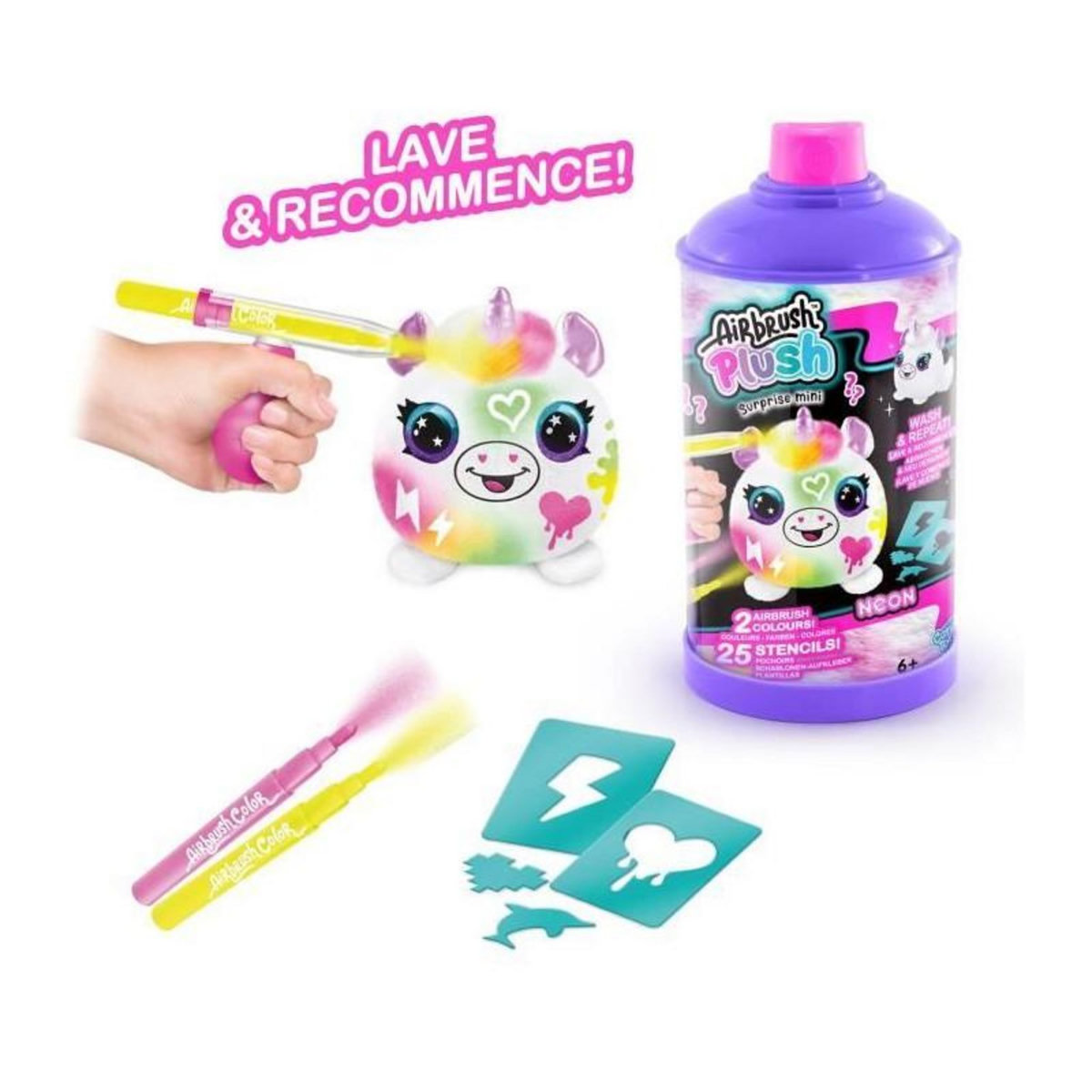 Canal Toys Canal Toys - Airbrush Plush - Mini Peluche surprise a Personnaliser avec Feutres et Pochoirs - 1-pack Néon - AIR 020