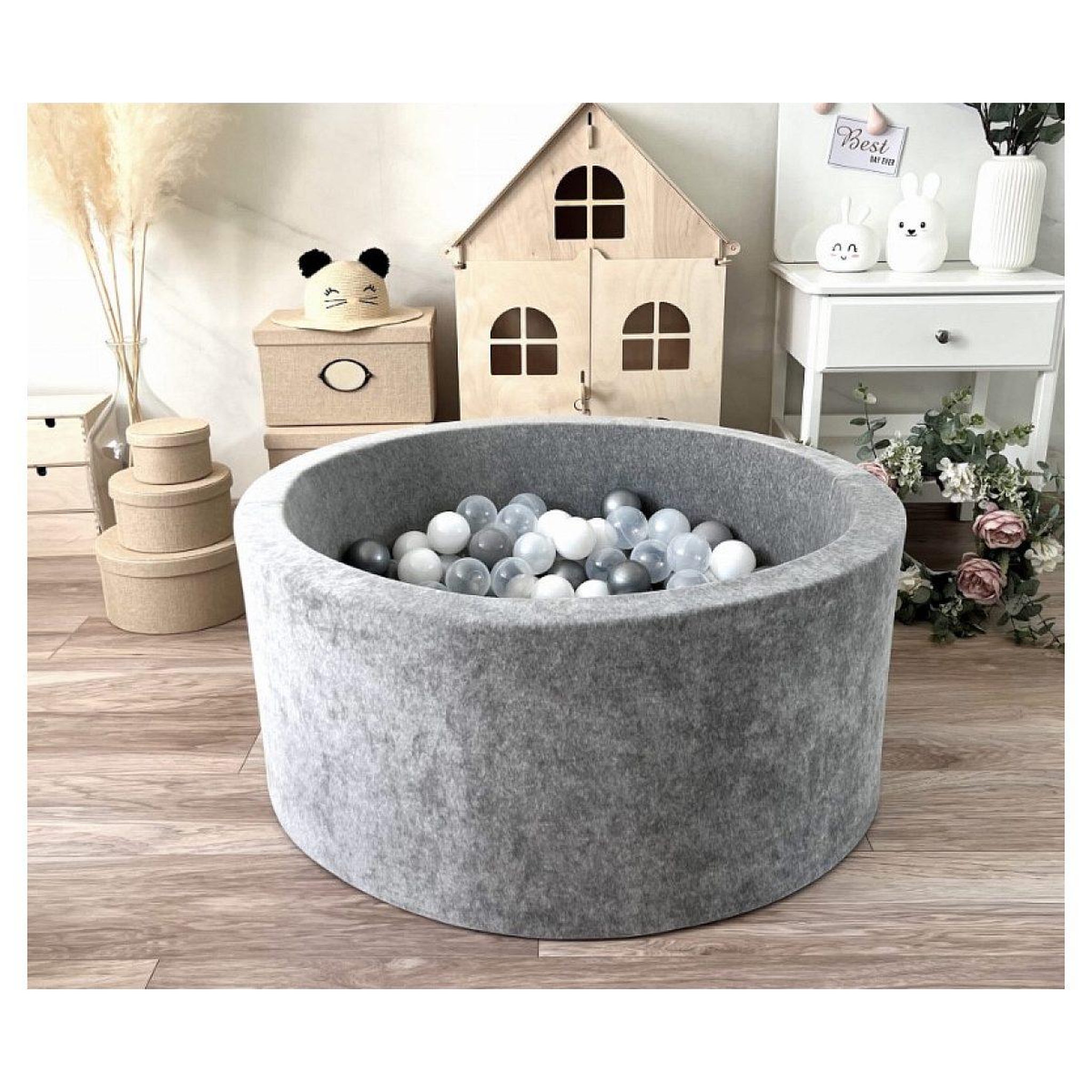 Voir la diapositive 2 : MONIO FOR KIDS Piscine à balles velours 90 cm gris + 200 balles