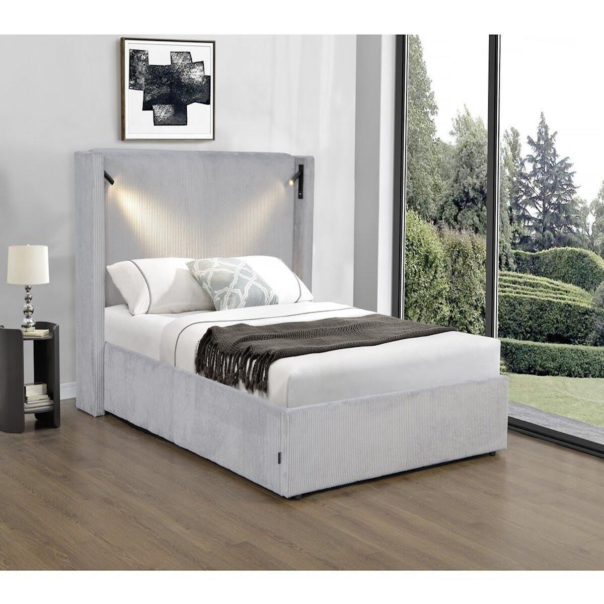 Habitat et Jardin Lit double en velours côtelé avec coffre et lampe intégré  Cortina  - 160 x 200 cm - Gris