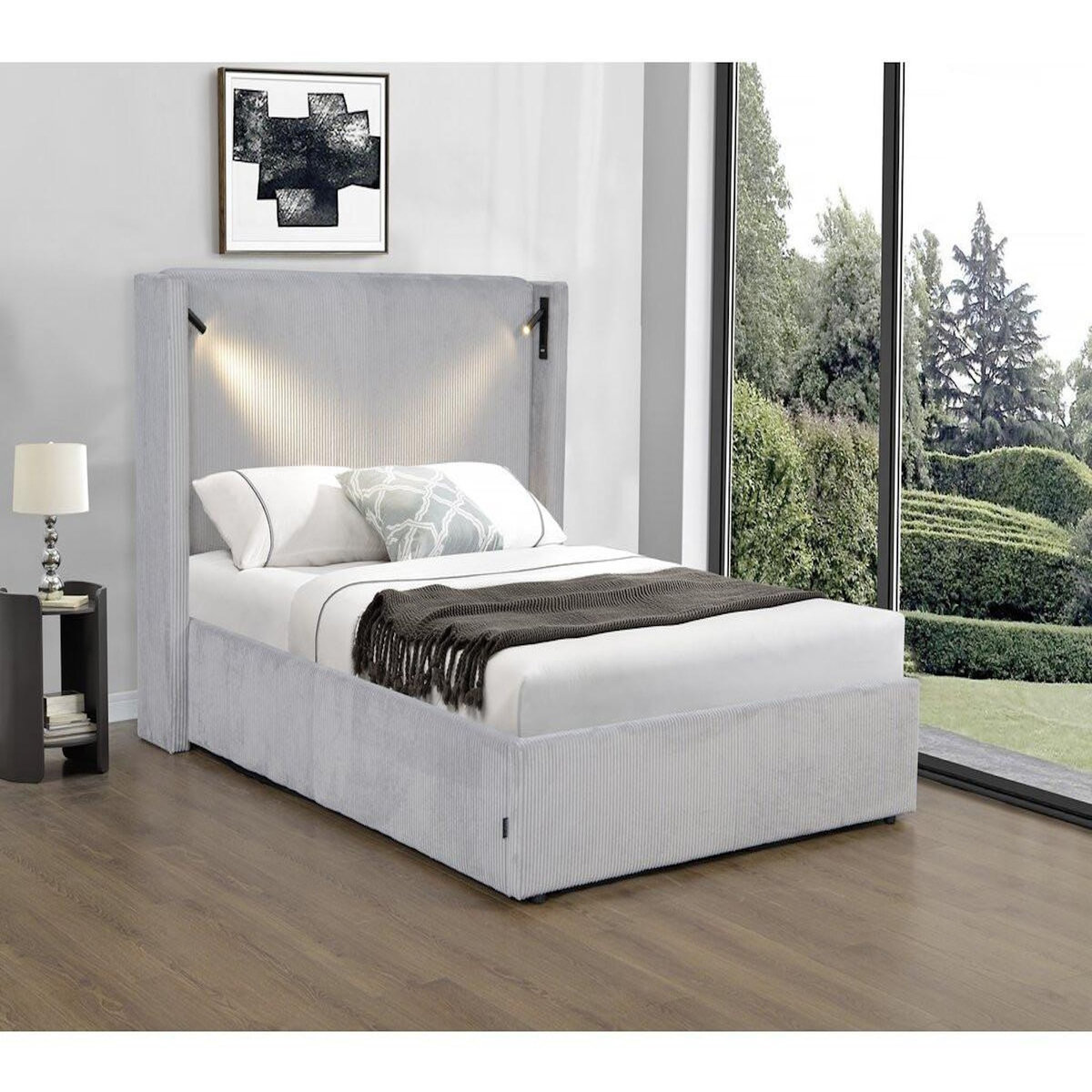 Habitat et Jardin Lit double en velours côtelé avec coffre et lampe intégré  Cortina  - 160 x 200 cm - Gris