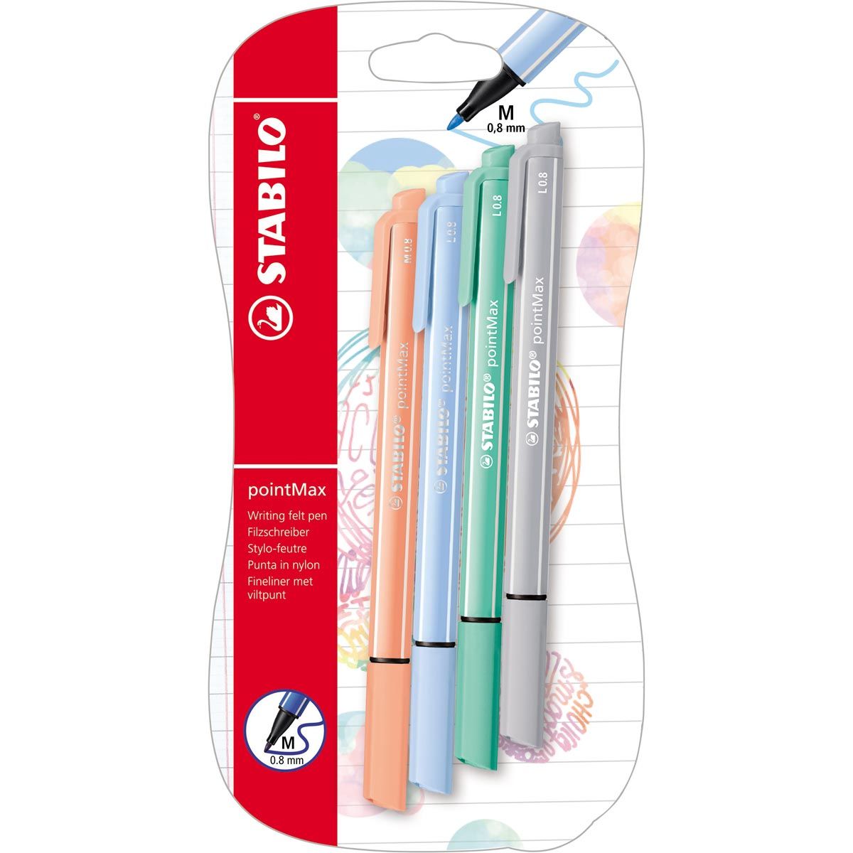 STABILO  Lot de 4 stylos feutres pointe moyenne 0.8mm Point Max coloris Pastel Pêche Turquoise Menthe Gris