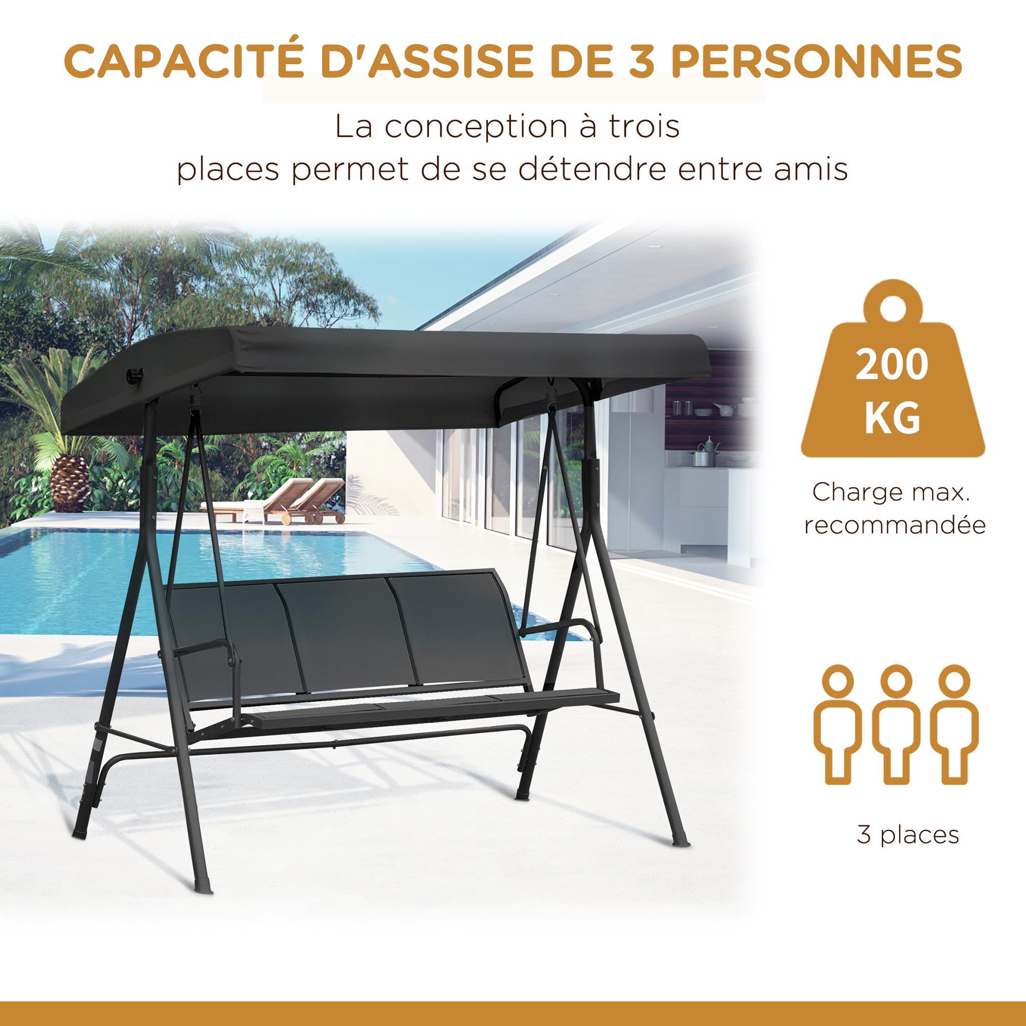 Voir la diapositive 6 : OUTSUNNY Balancelle de jardin 3 places grand confort toit inclinaison réglable assise et dossier ergonomique acier époxy textilène noir