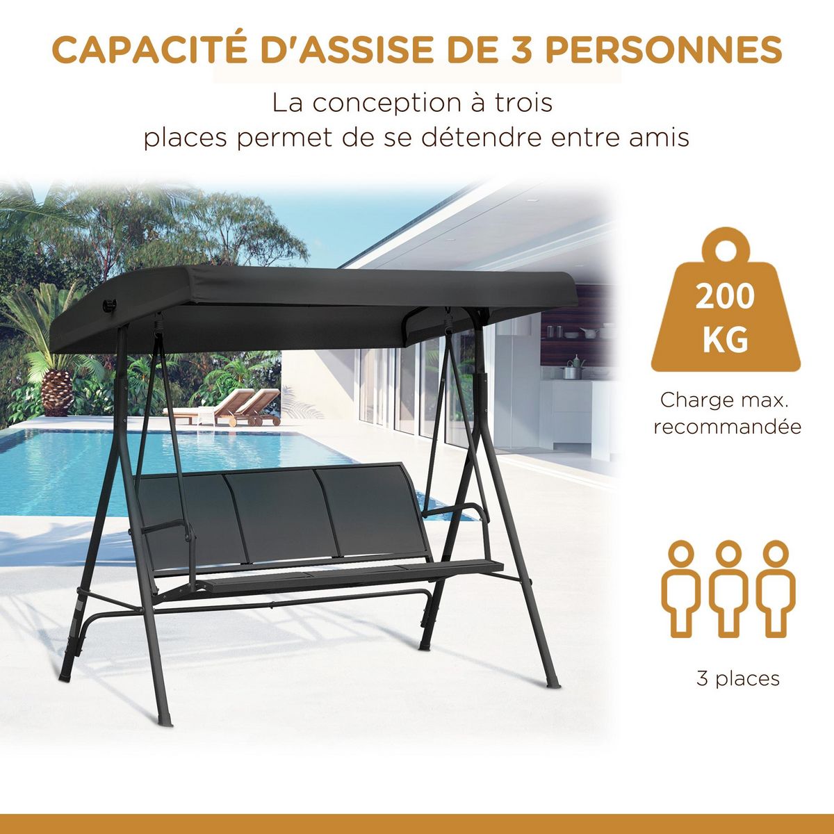 OUTSUNNY Balancelle de jardin 3 places grand confort toit inclinaison réglable assise et dossier ergonomique acier époxy textilène noir