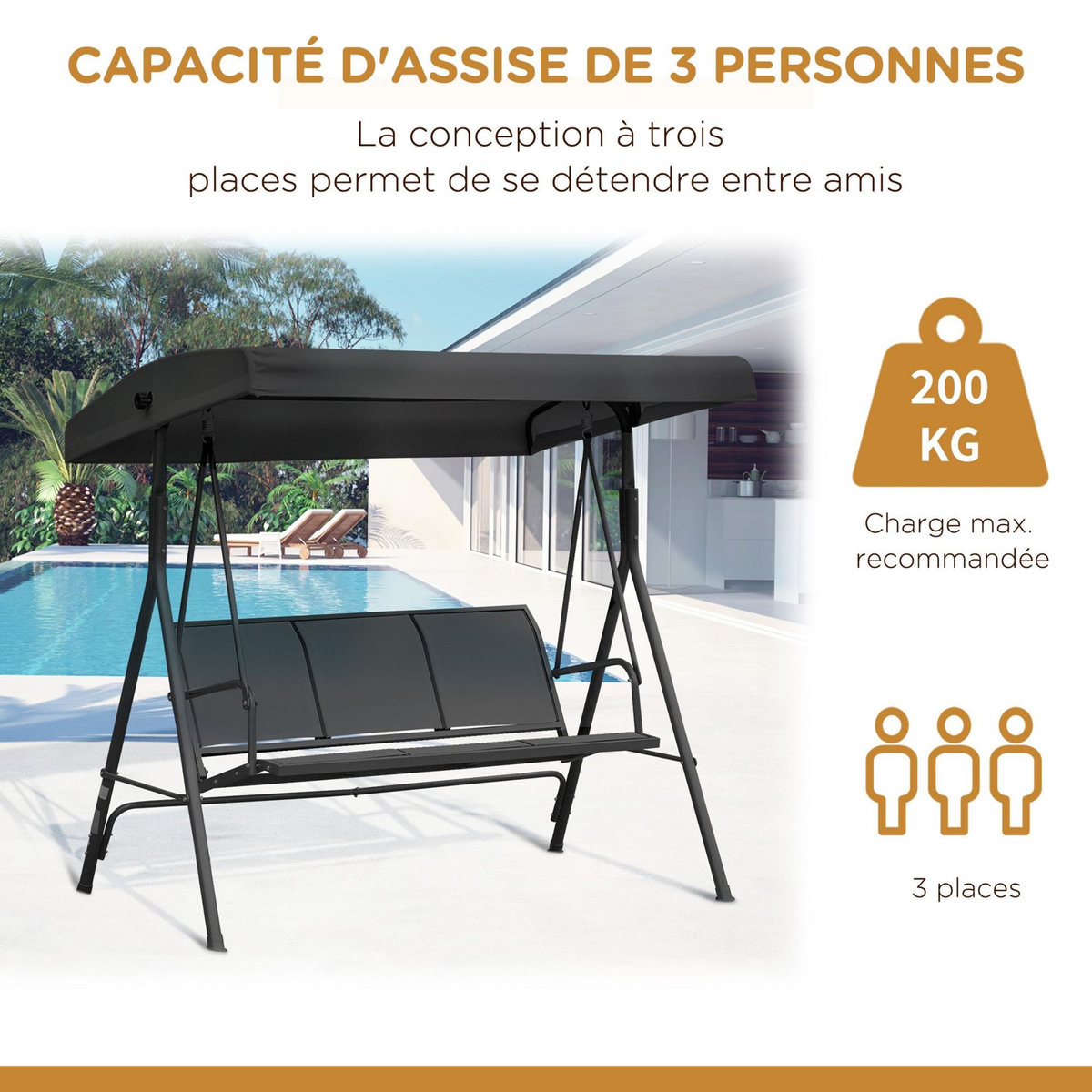 OUTSUNNY Balancelle de jardin 3 places grand confort toit inclinaison réglable assise et dossier ergonomique acier époxy textilène noir