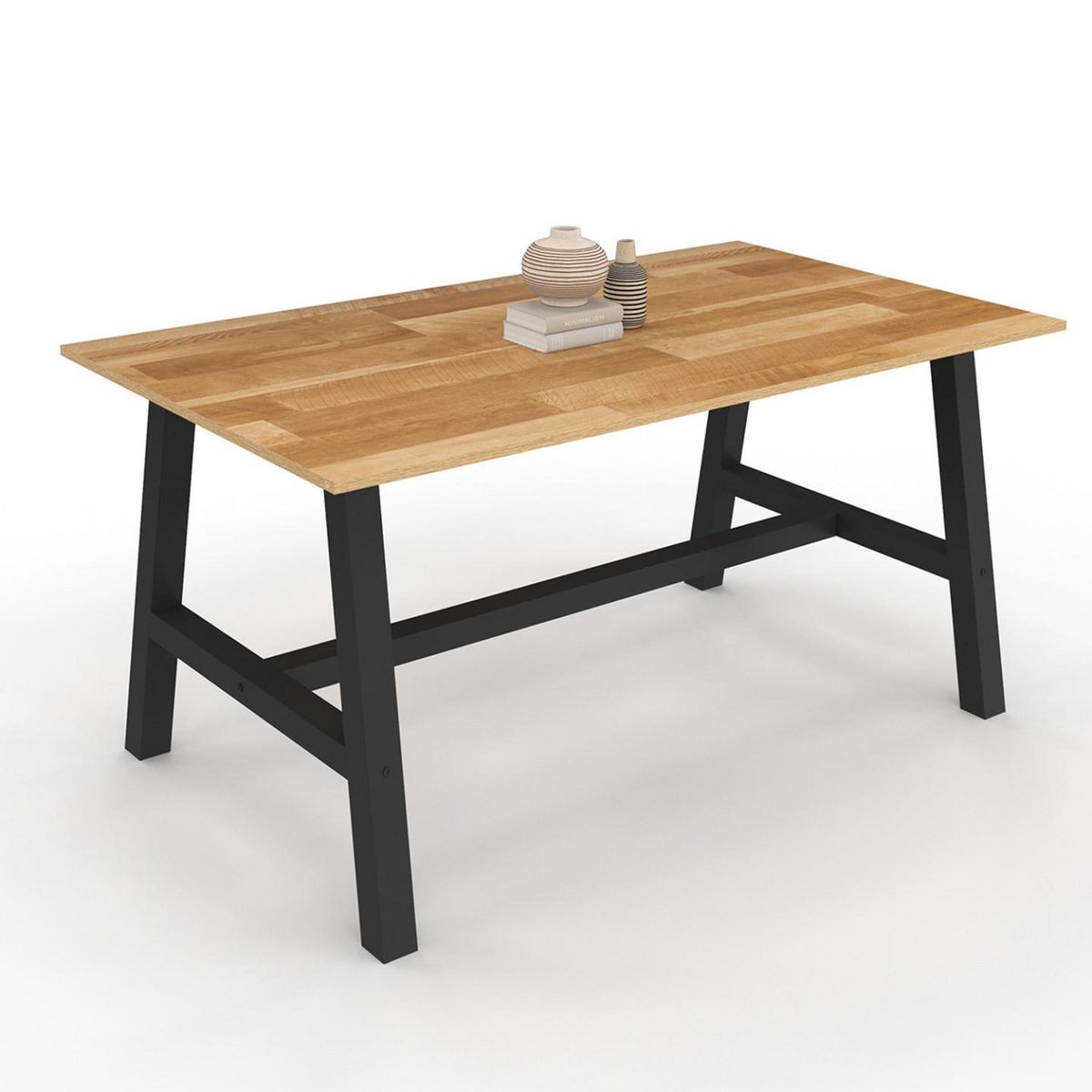 ID MARKET Table à manger extensible rectangle MADELEINE 6-12 personnes bois et métal noir 160-240 cm