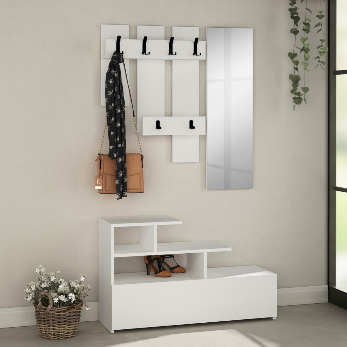 CONCEPT USINE Meuble d'entrée blanc avec porte manteau, rangement et miroir MESTY