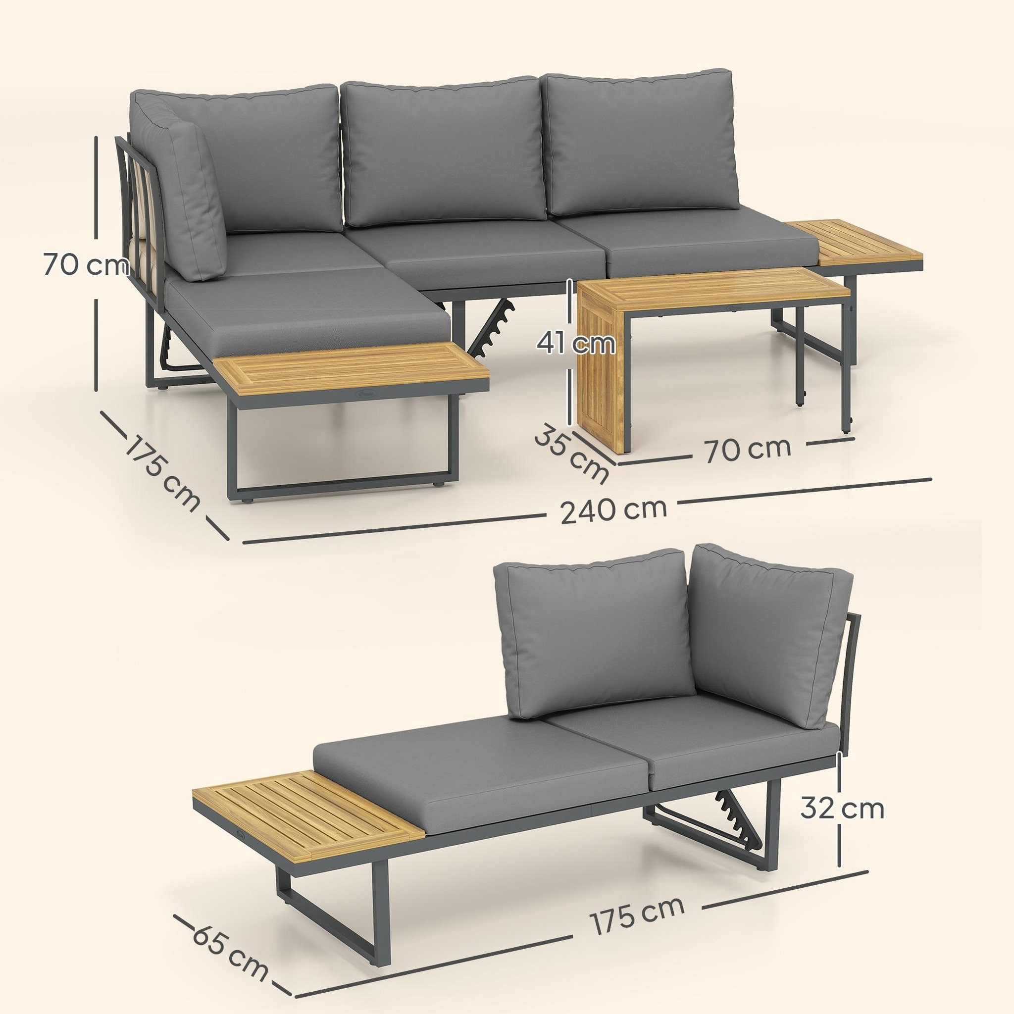 Voir la diapositive 3 : OUTSUNNY Ensemble salon de jardin 4 places modulable réglable avec table basse acier gris bois d'acacia verni