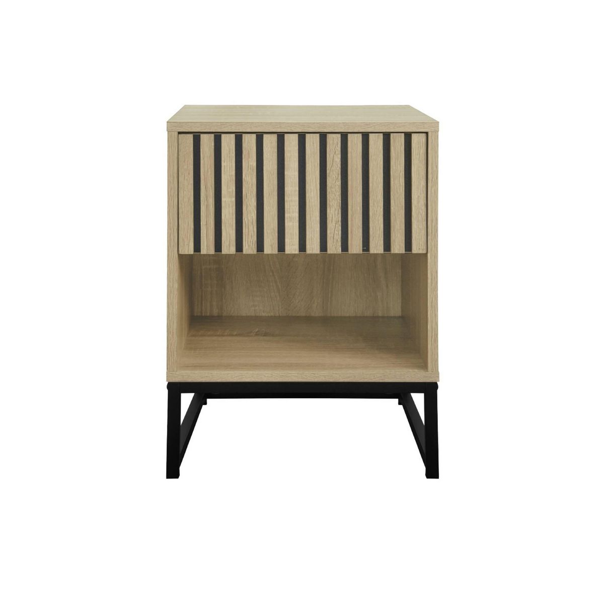 SWEEEK Lot de 2 tables de chevet style contemporain avec 1 tiroir effet bois rainuré (système d'ouverture par pression) et 1 niche. piètement en métal noir