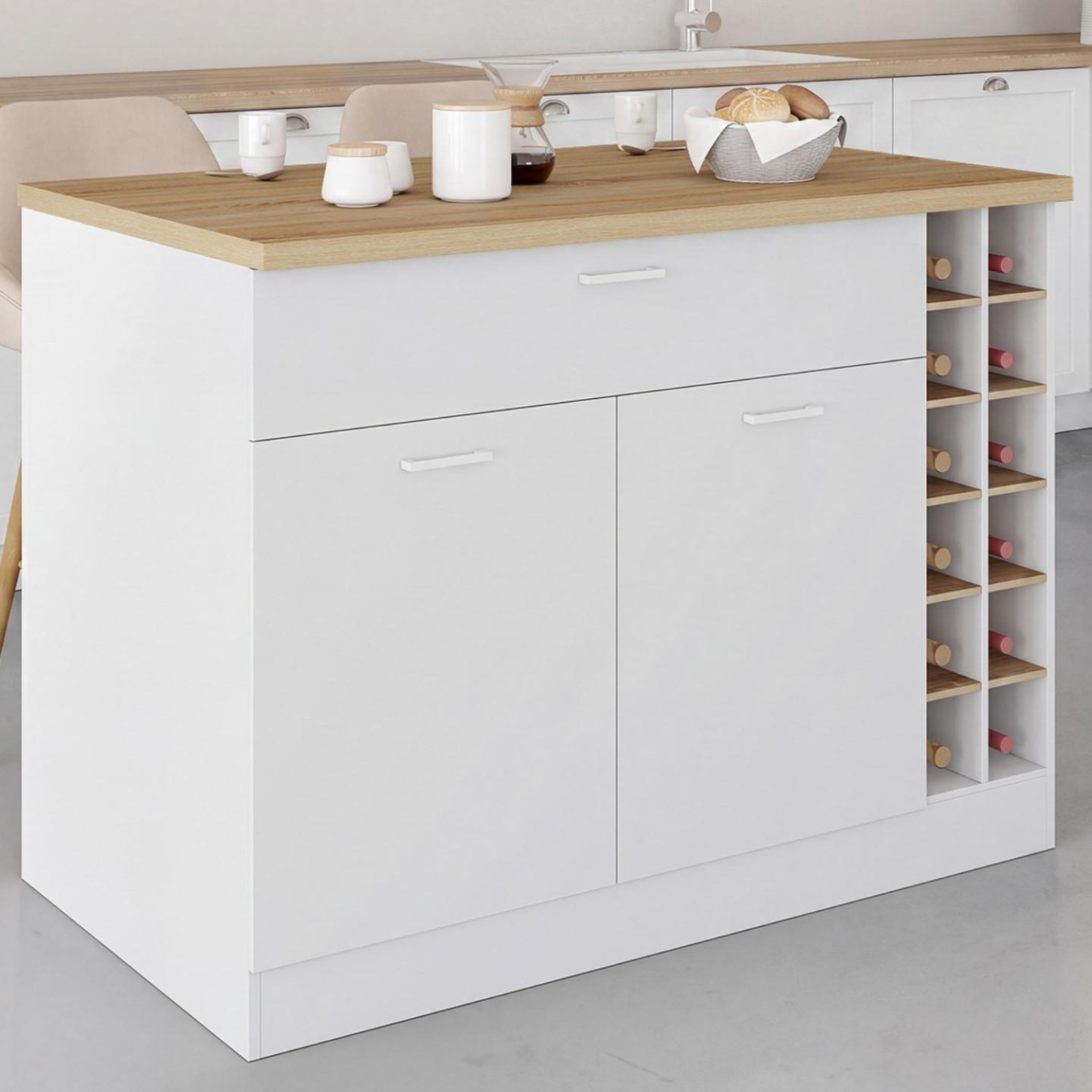 Voir la diapositive 2 : ID MARKET Ilot central george 120 cm avec range-bouteilles placard et tiroir bois blanc avec plan de travail façon hêtre