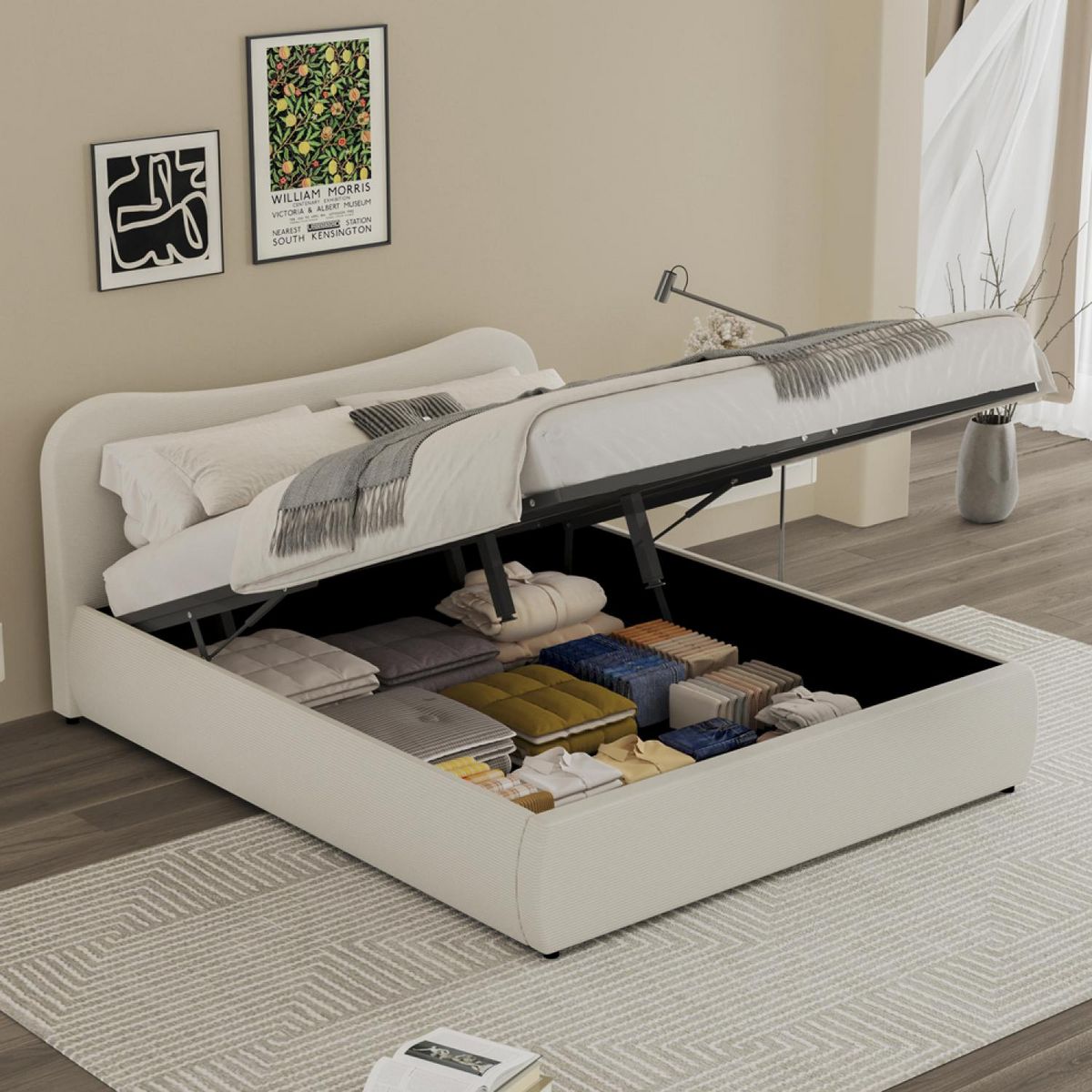 CONCEPT USINE Lit coffre 160x200cm design arrondi velours côtelé beige PLANO