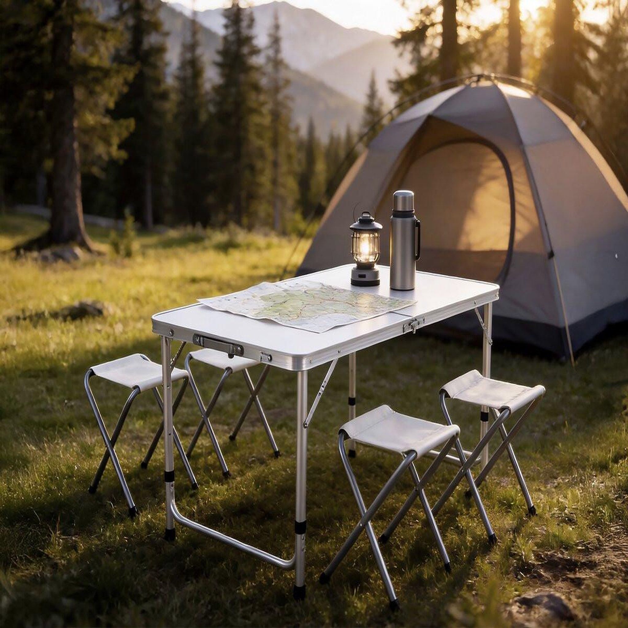 Voir la diapositive 2 : Habitat et Jardin Ensembe table de camping et 4 tabourets pliants - 125 x 60 cm - blanc