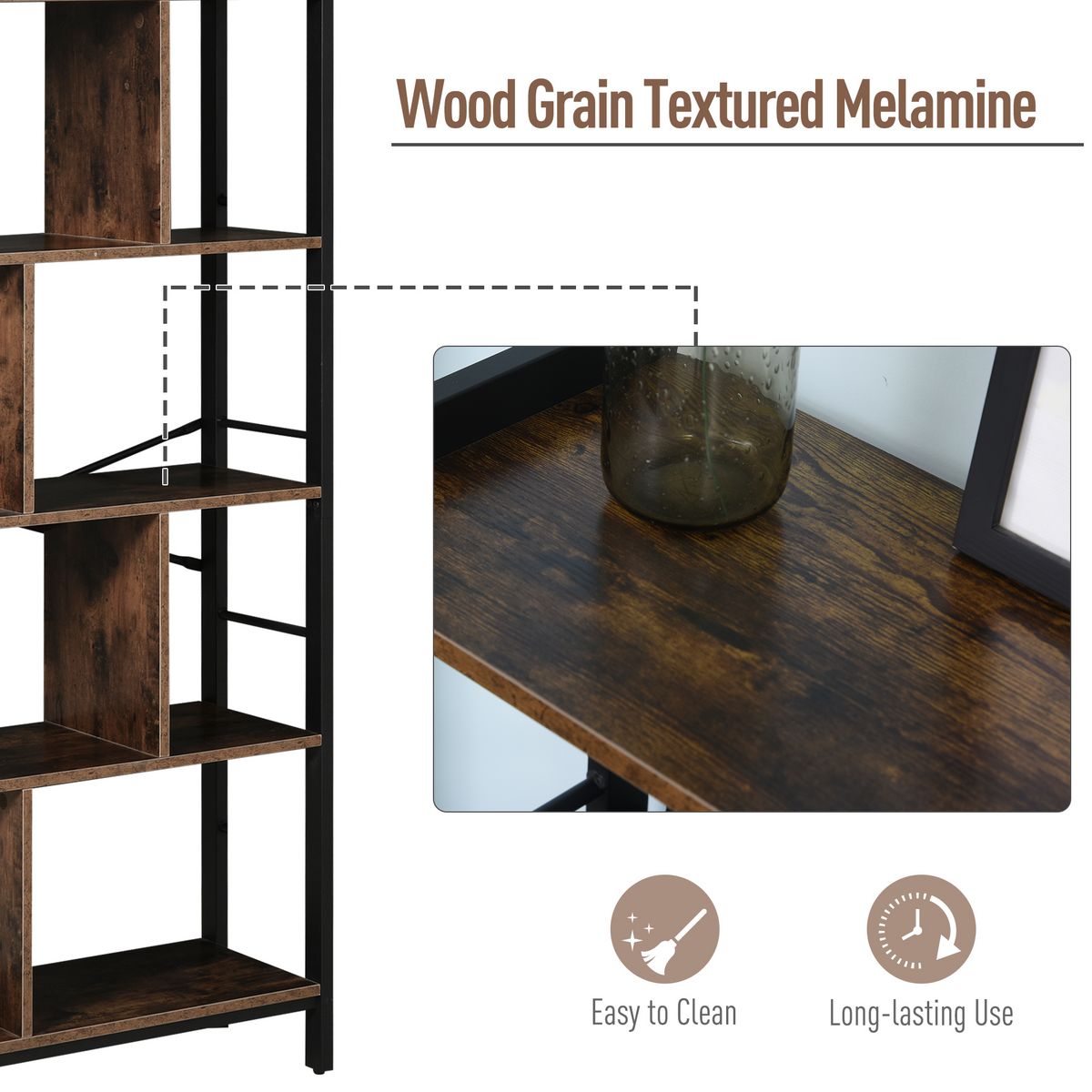 HOMCOM Bibliothèque, Étagère de Rangement à 4 Niveaux style industriel panneaux particules aspect vieux bois métal noir