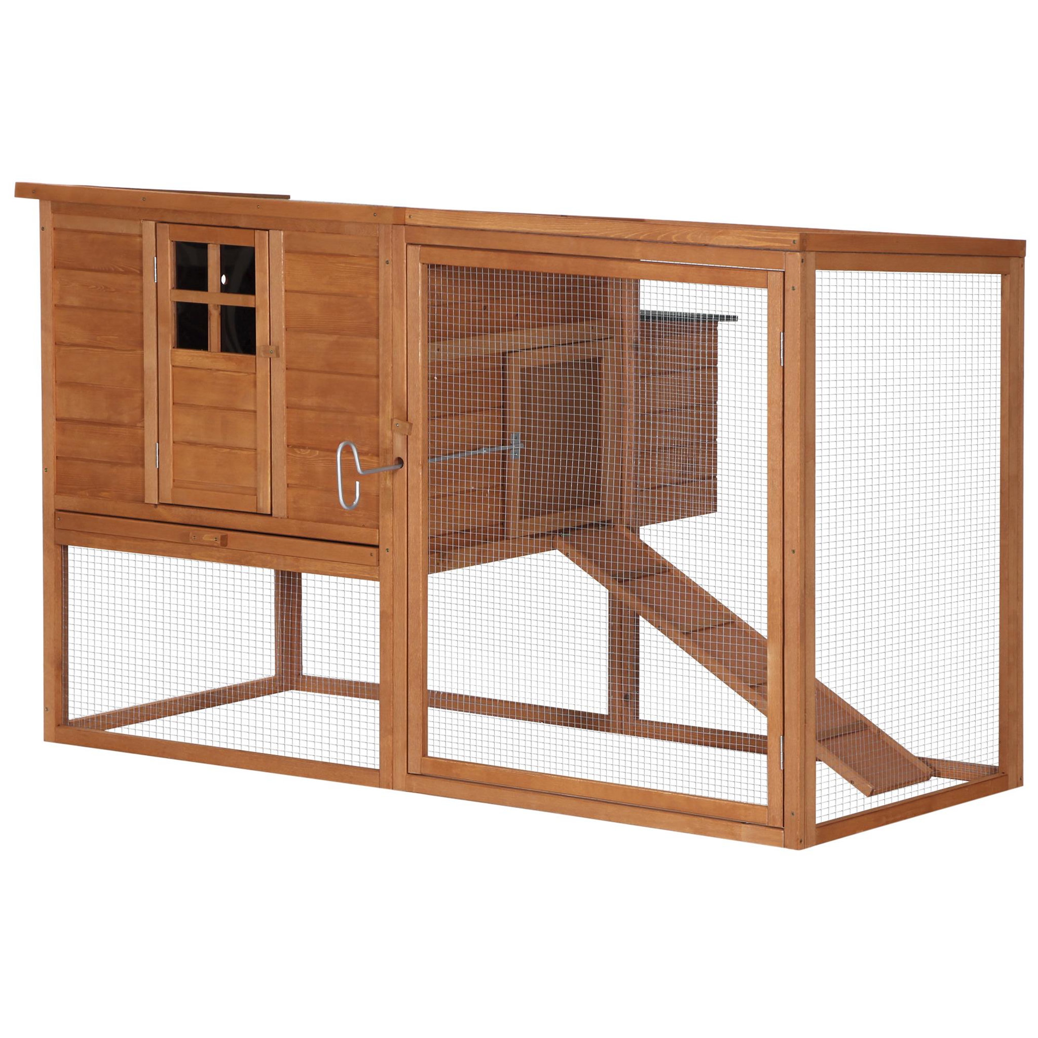 Voir la diapositive 1 : PAWHUT Poulailler cottage cage à poules sur pied dim. 168L x 110l x 101H cm multi-équipement bois sapin lasuré