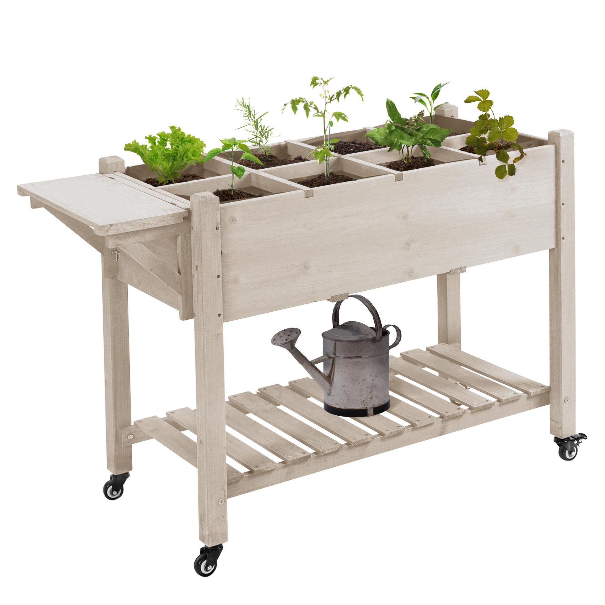 Voir la diapositive 1 : OUTSUNNY Jardinière sur pied - potager sur roulettes - étagère, tablette rabattable, inserts d'irrigation, feutre drainage - bois pré-huilé clair