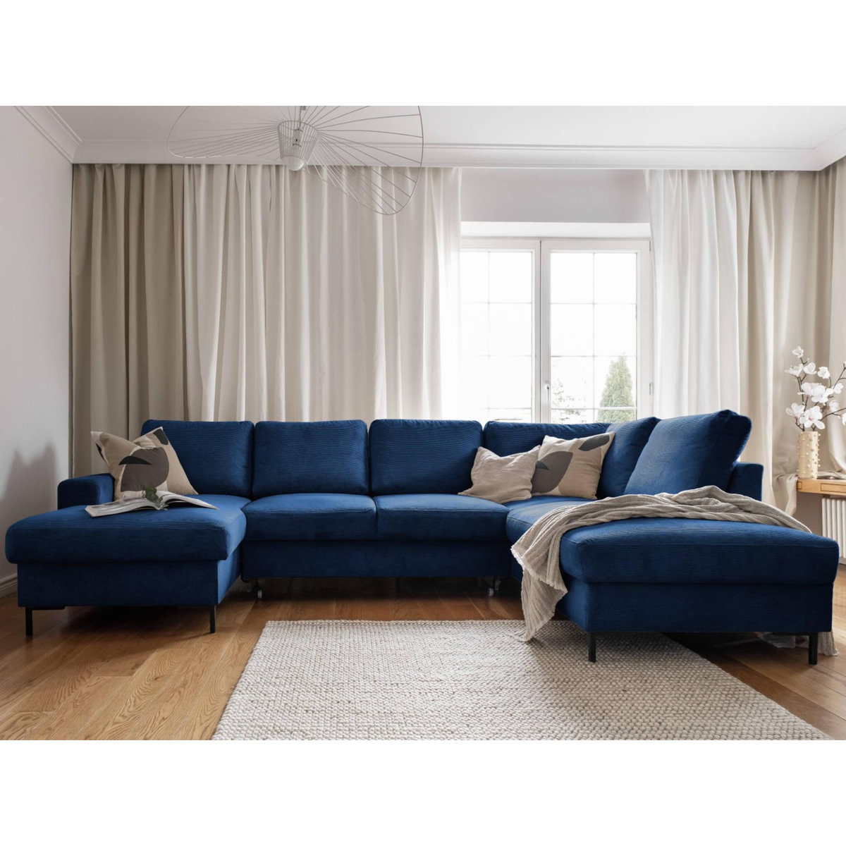 BEST MOBILIER Lilly - canapé panoramique d'angle droit - 7 places - convertible avec coffre - en velours côtelé