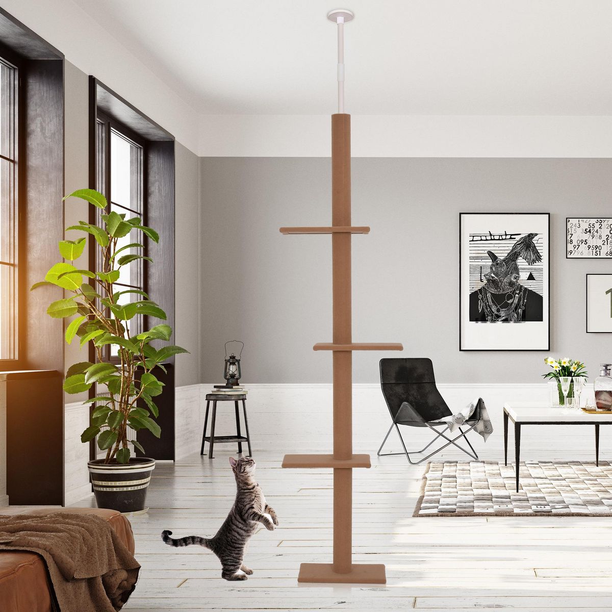 PAWHUT Arbre à chat poteau à griffer hauteur réglable dim. 43L x 27I x 228-260H cm 4 niveaux d'activités marron