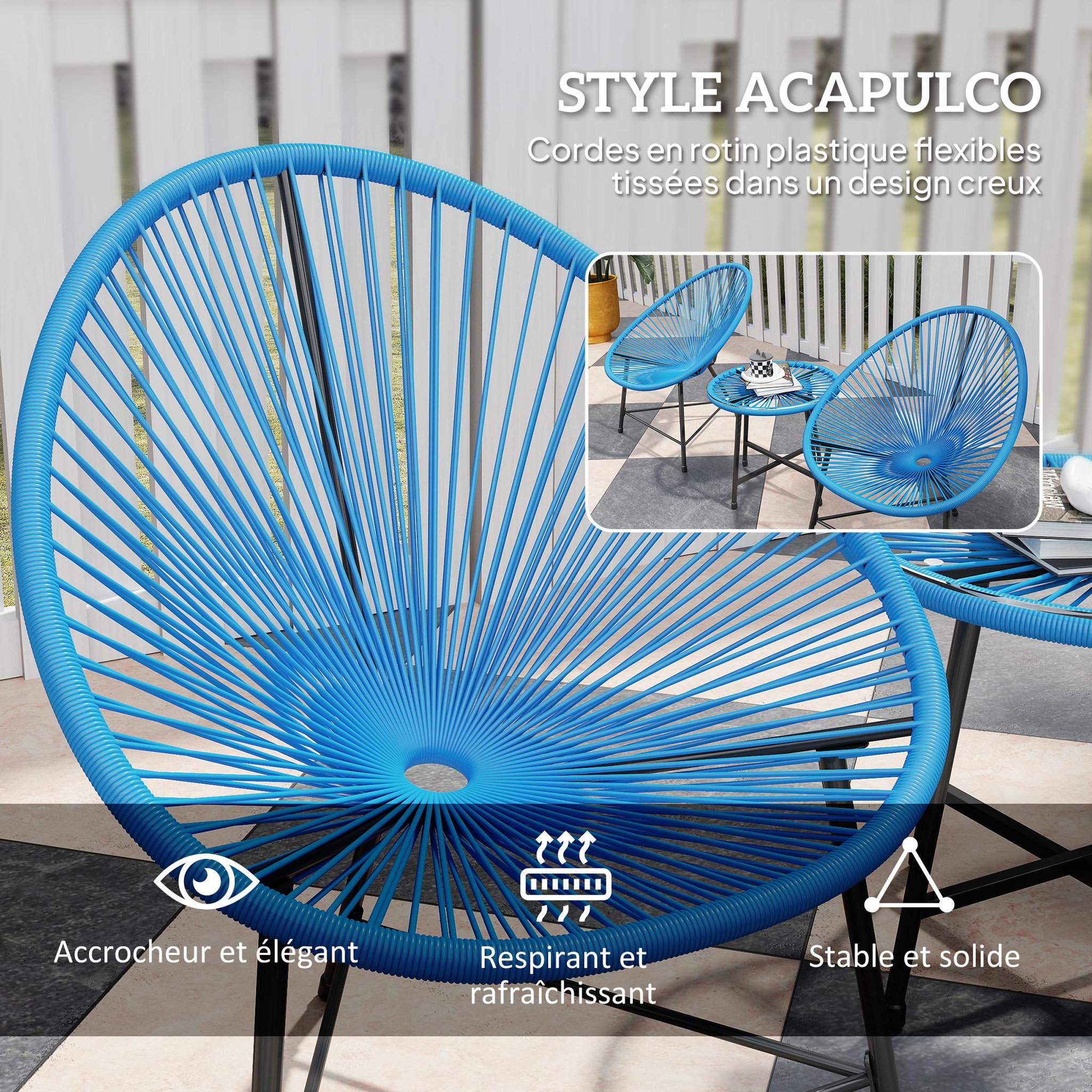 Voir la diapositive 4 : OUTSUNNY Salon de jardin 3 pcs 2 places design acapulco plateau verre trempé acier noir résine filaire bleu