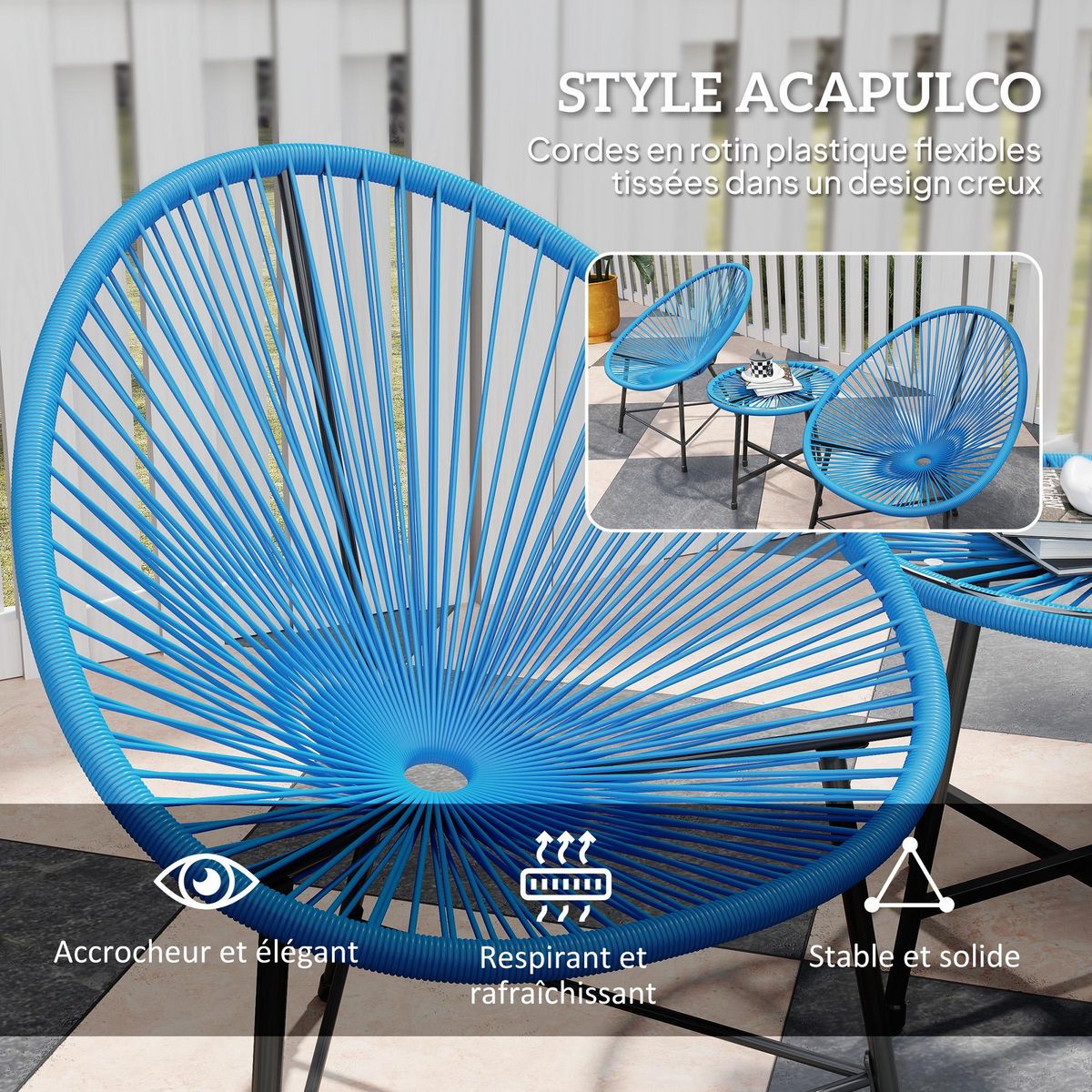 OUTSUNNY Salon de jardin 3 pcs 2 places design Acapulco plateau verre trempé acier noir résine filaire bleu