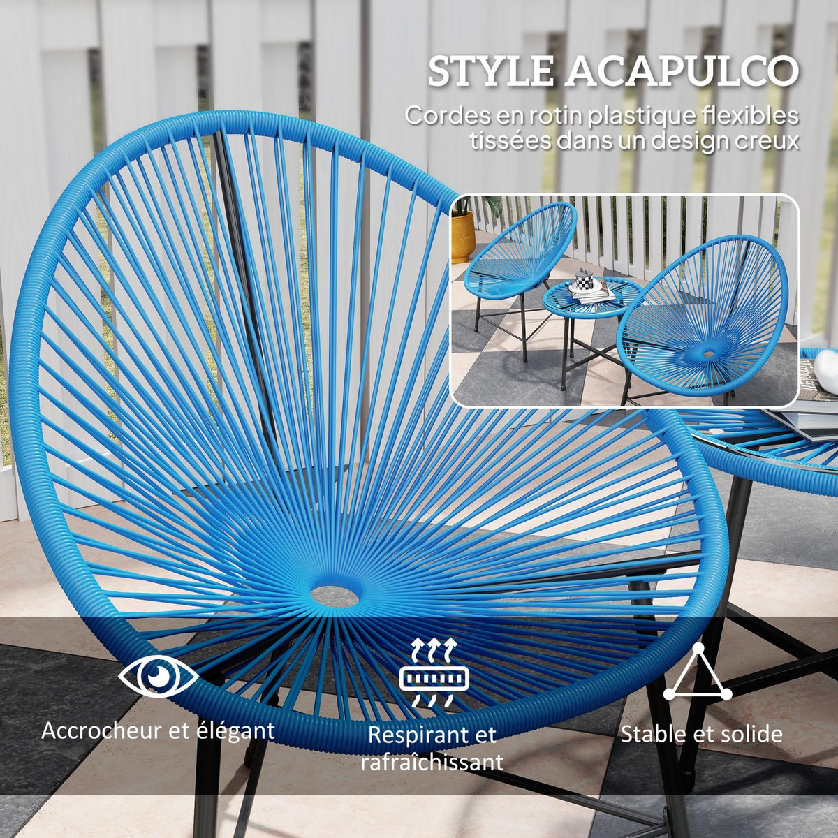 OUTSUNNY Salon de jardin 3 pcs 2 places design Acapulco plateau verre trempé acier noir résine filaire bleu