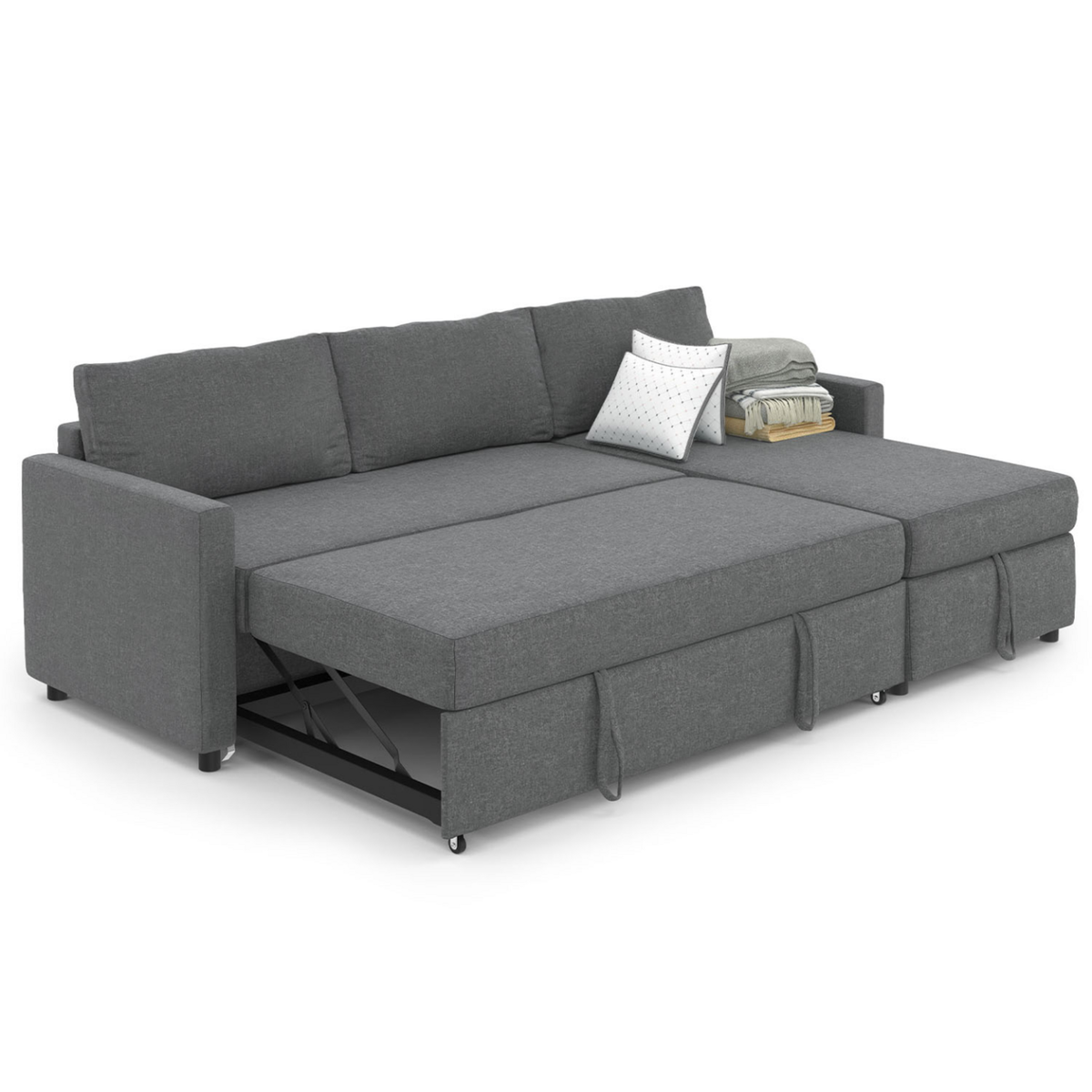 ID MARKET Canapé d'angle convertible NOAH avec méridienne coffre en tissu gris anthracite