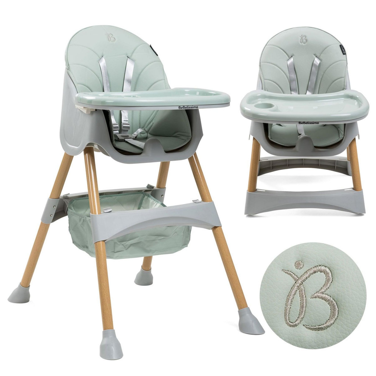 BEBELISSIMO Bebelissimo - Chaise haute 2 en 1 - Evolutive - Réglable - Pliable - vert -woodie