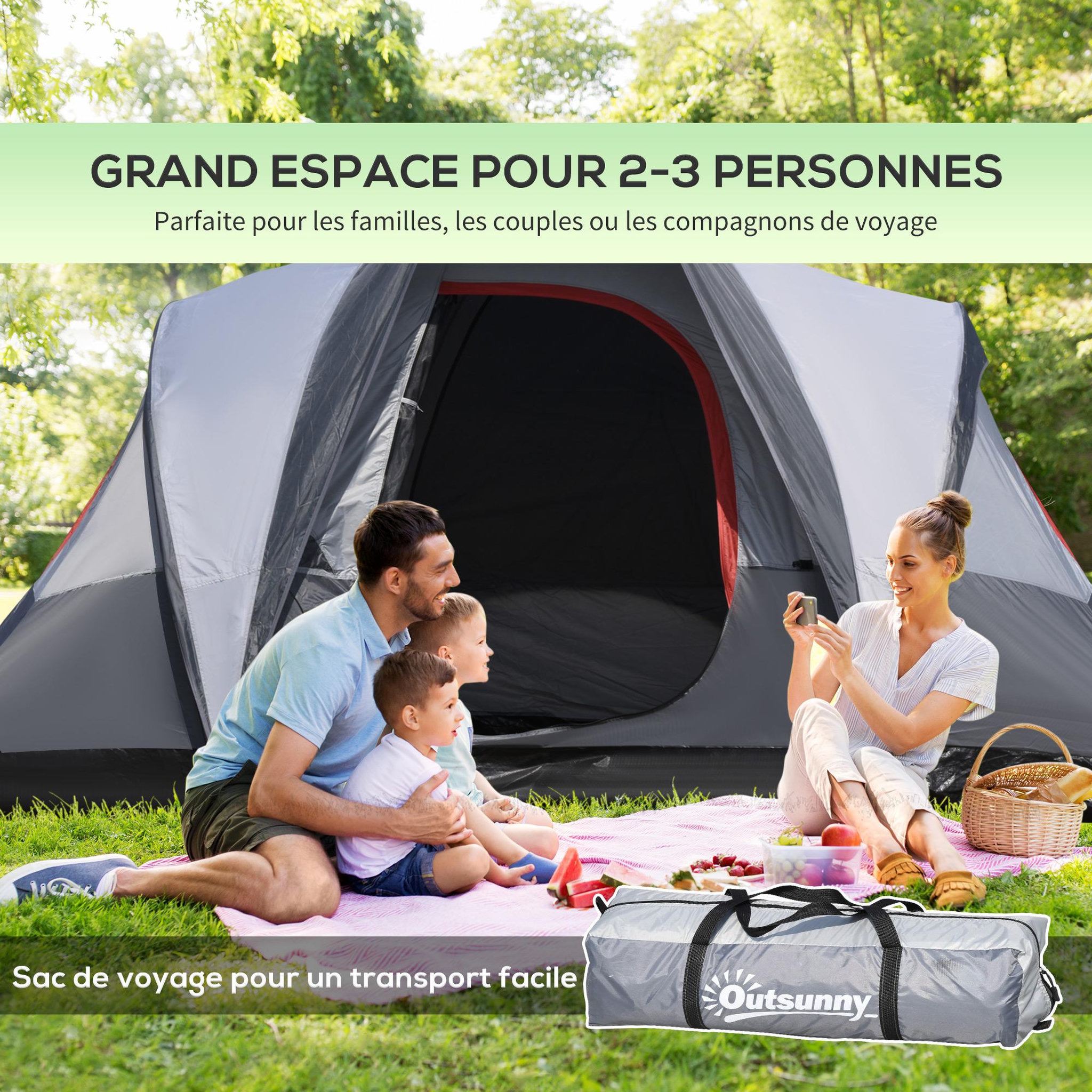 Voir la diapositive 4 : OUTSUNNY Tente de camping 2-3 personnes - fenêtres à mailles double couche - sac de transport - dim. 355L x 190l x 170H cm - polyester gris