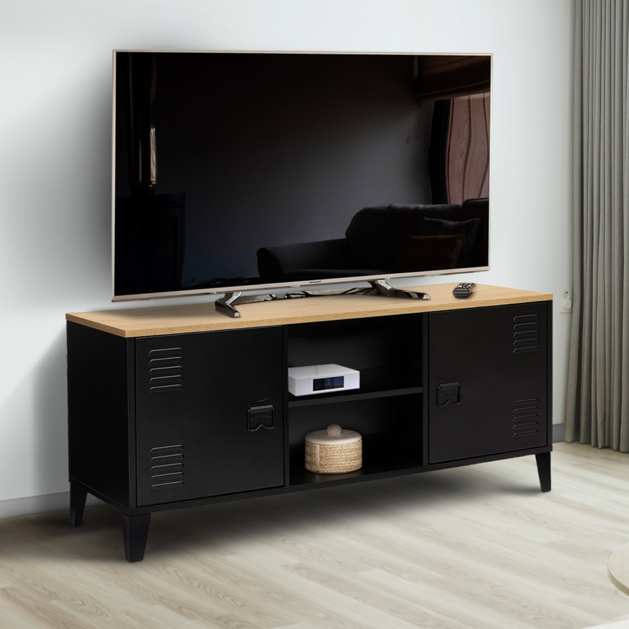 Voir la diapositive 2 : ID MARKET Meuble tv 113 cm ester 2 portes métal noir et plateau bois design industriel
