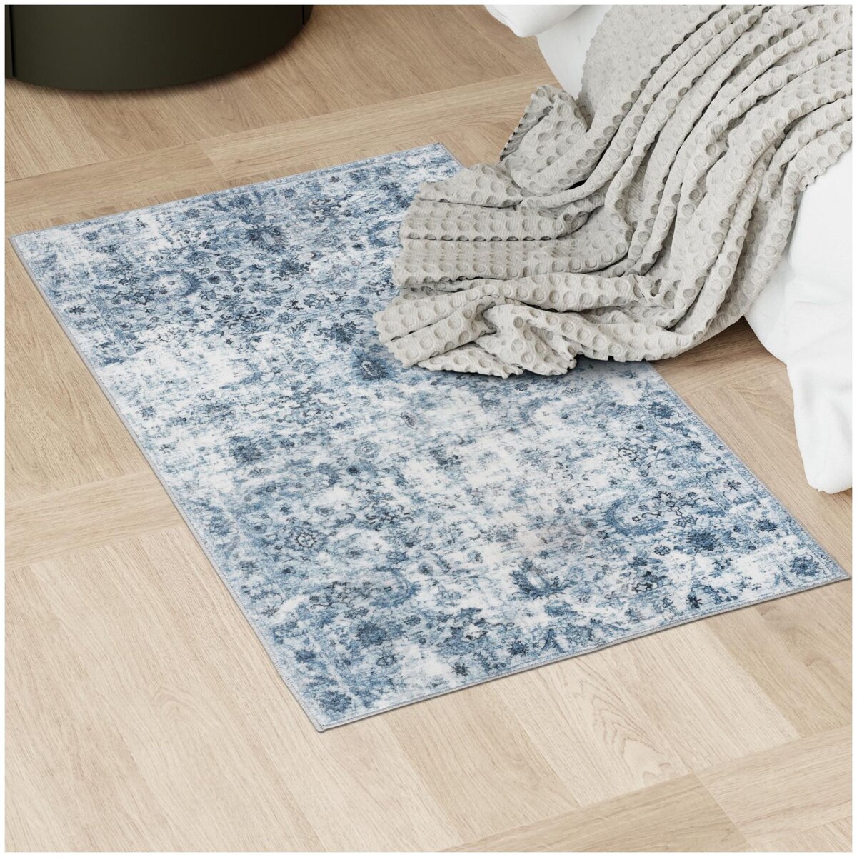 tectake Tapis vintage design à poils courts en laine synthétique et feutre bleu 60 x 110 cm