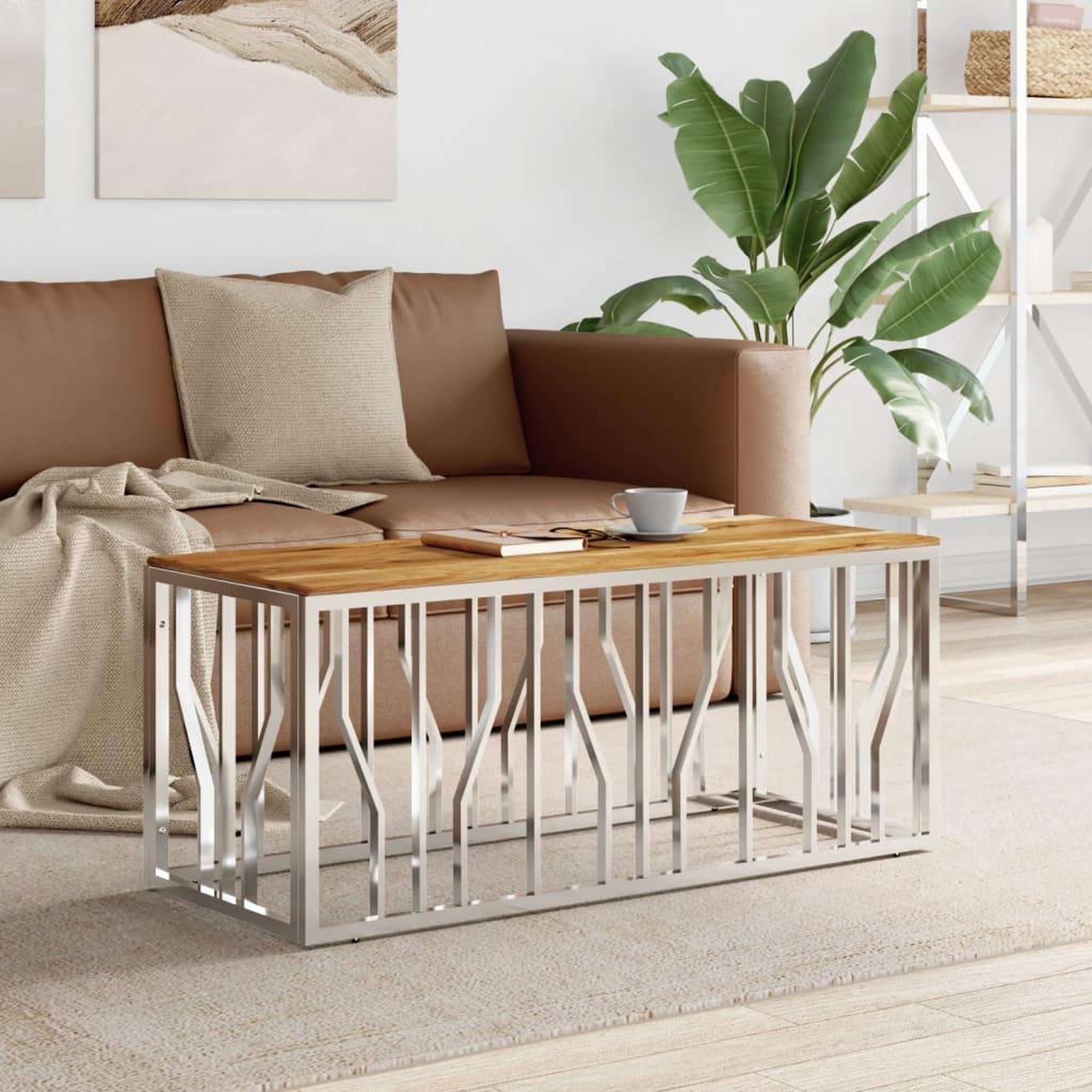 VIDAXL Table basse argente acier inoxydable et bois massif d'acacia