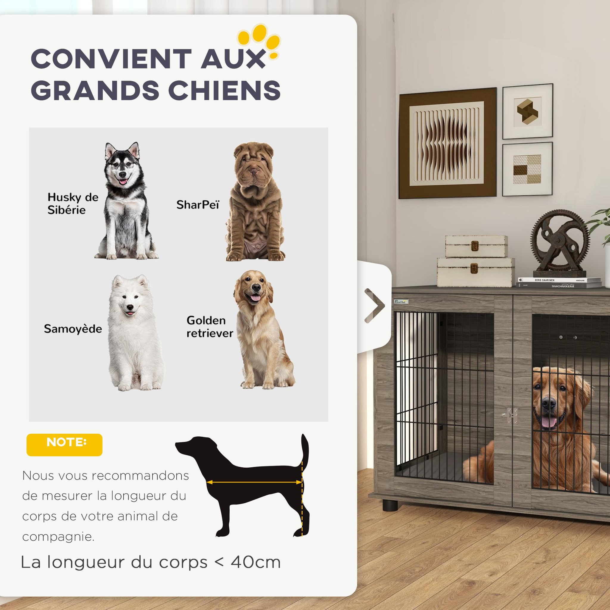 Voir la diapositive 4 : PAWHUT Cage pour chien intérieure dim. 100l x 60l x 73,5h cm - porte verrouillable, coussin déhoussable - acier noir aspect bois gris