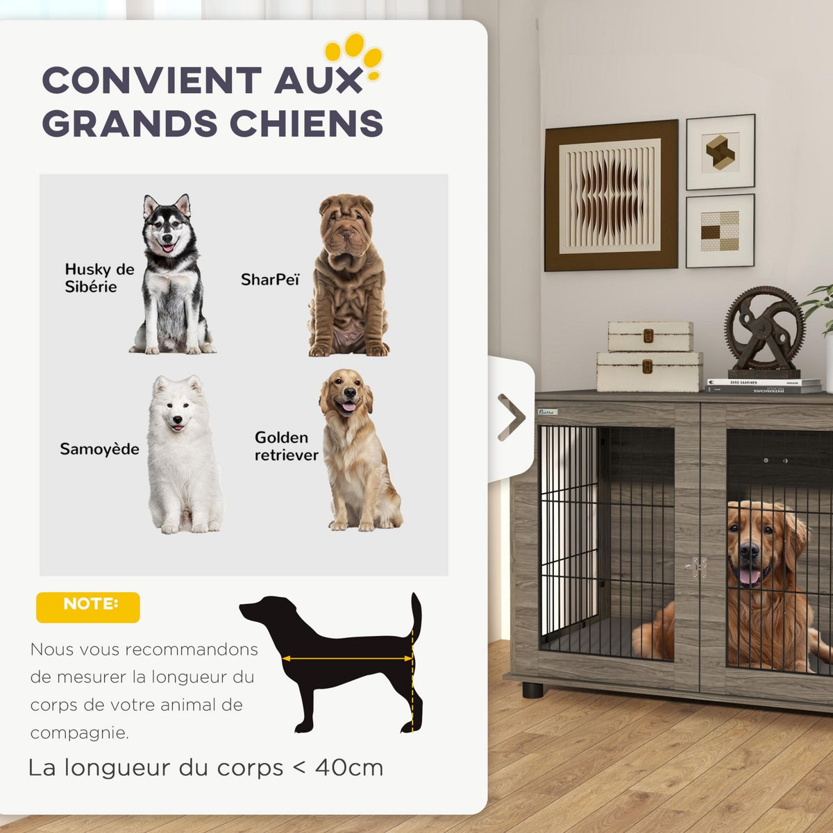 PAWHUT Cage pour chien intérieure dim. 100L x 60l x 73,5H cm - porte verrouillable, coussin déhoussable - acier noir aspect bois gris