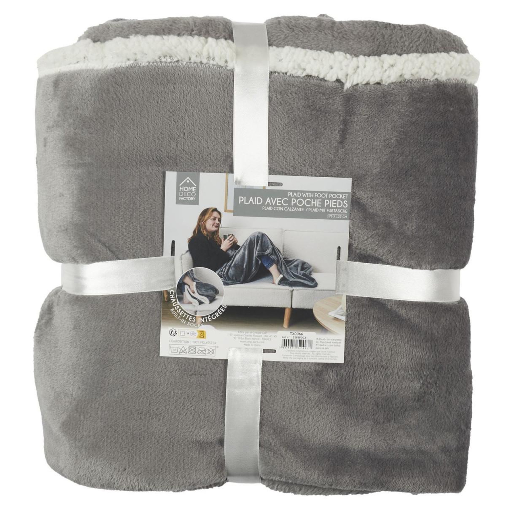Voir la diapositive 5 : The Home Deco Factory Plaid avec poche pieds  sherpa  127x178cm gris