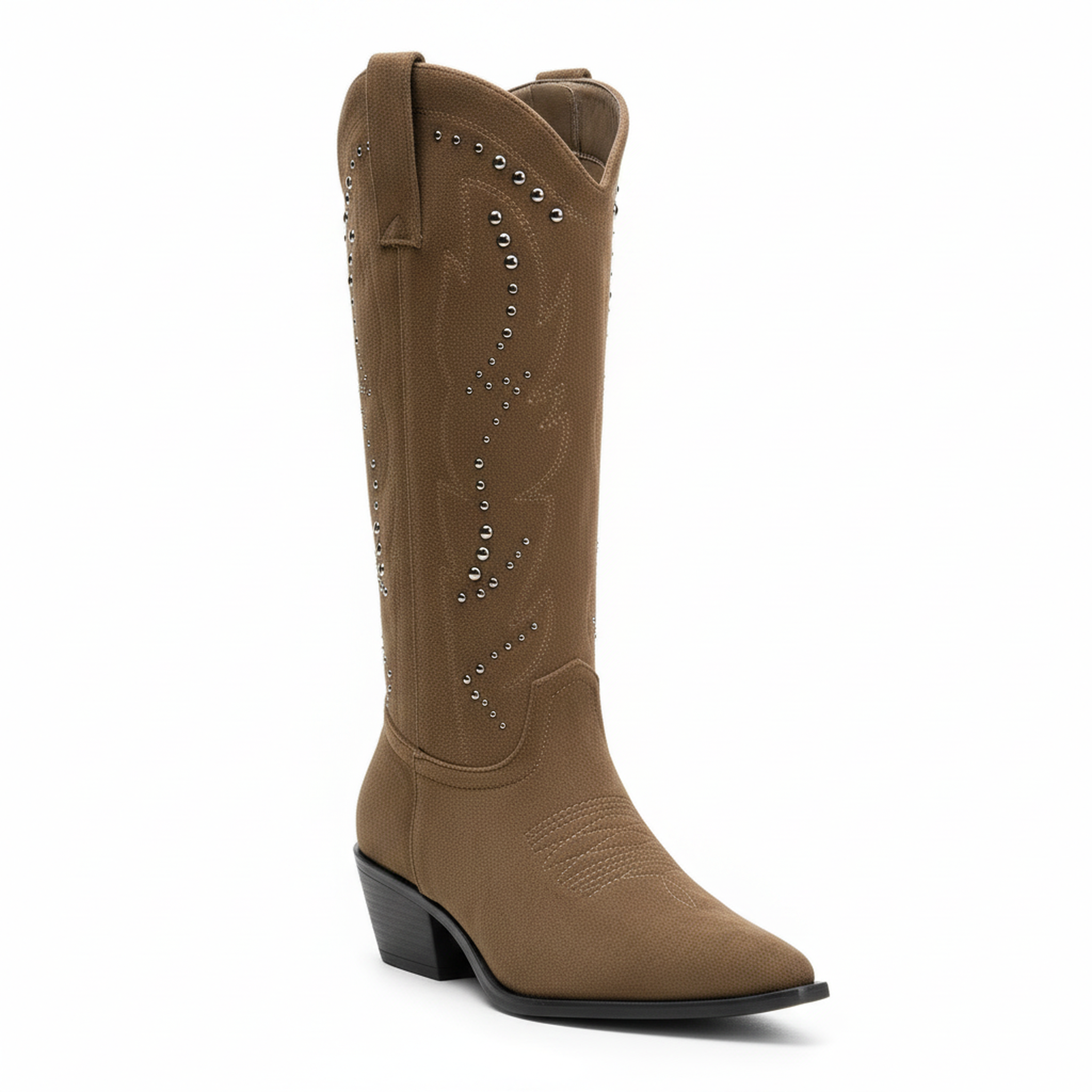 OZABI Ozabi bottes santiag femme haute tige suédine cloutée talon bloc 4 cm. Coloris disponibles : Marron