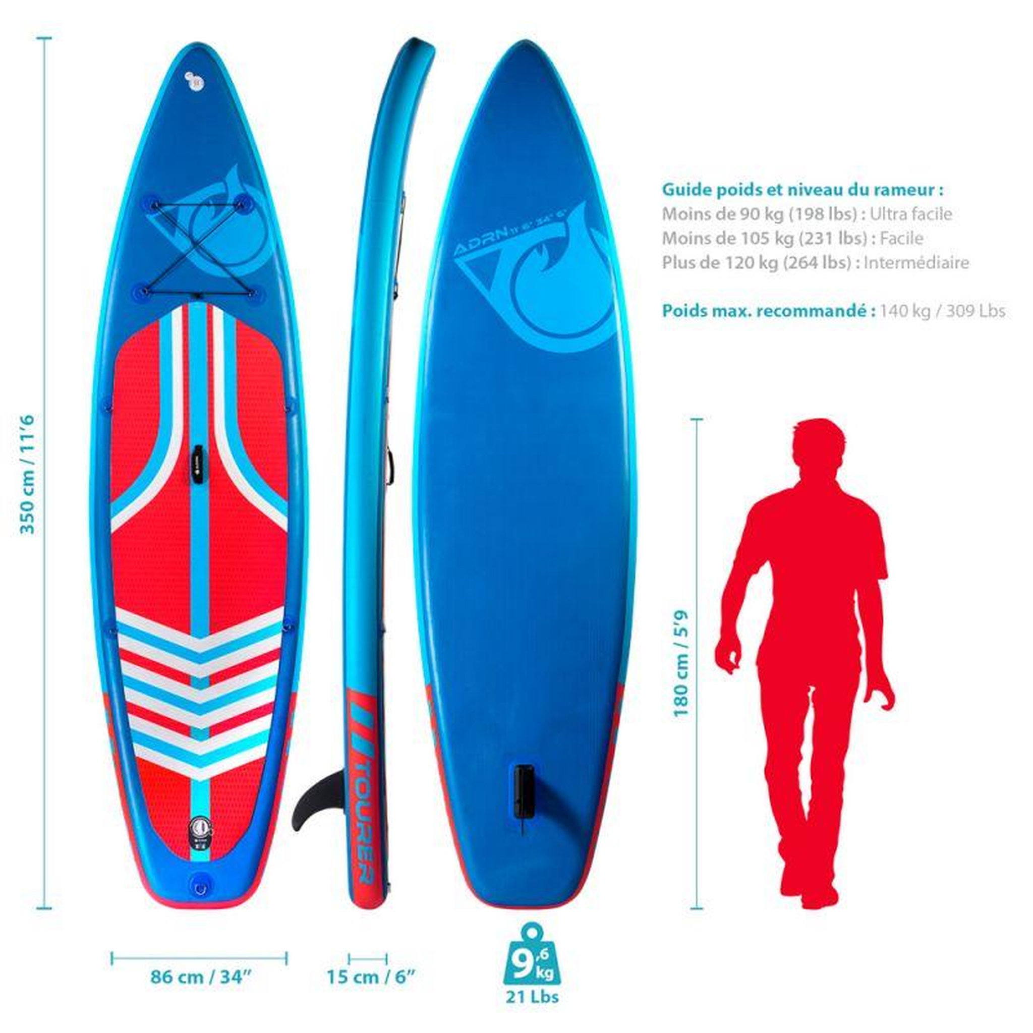 Voir la diapositive 2 : ADRENALIN Paddle Gonflable TOURER 11'6 34'' 6'' (350x86x15cm) avec Pompe, Pagaie, Dérive, Leash et Sac de transport