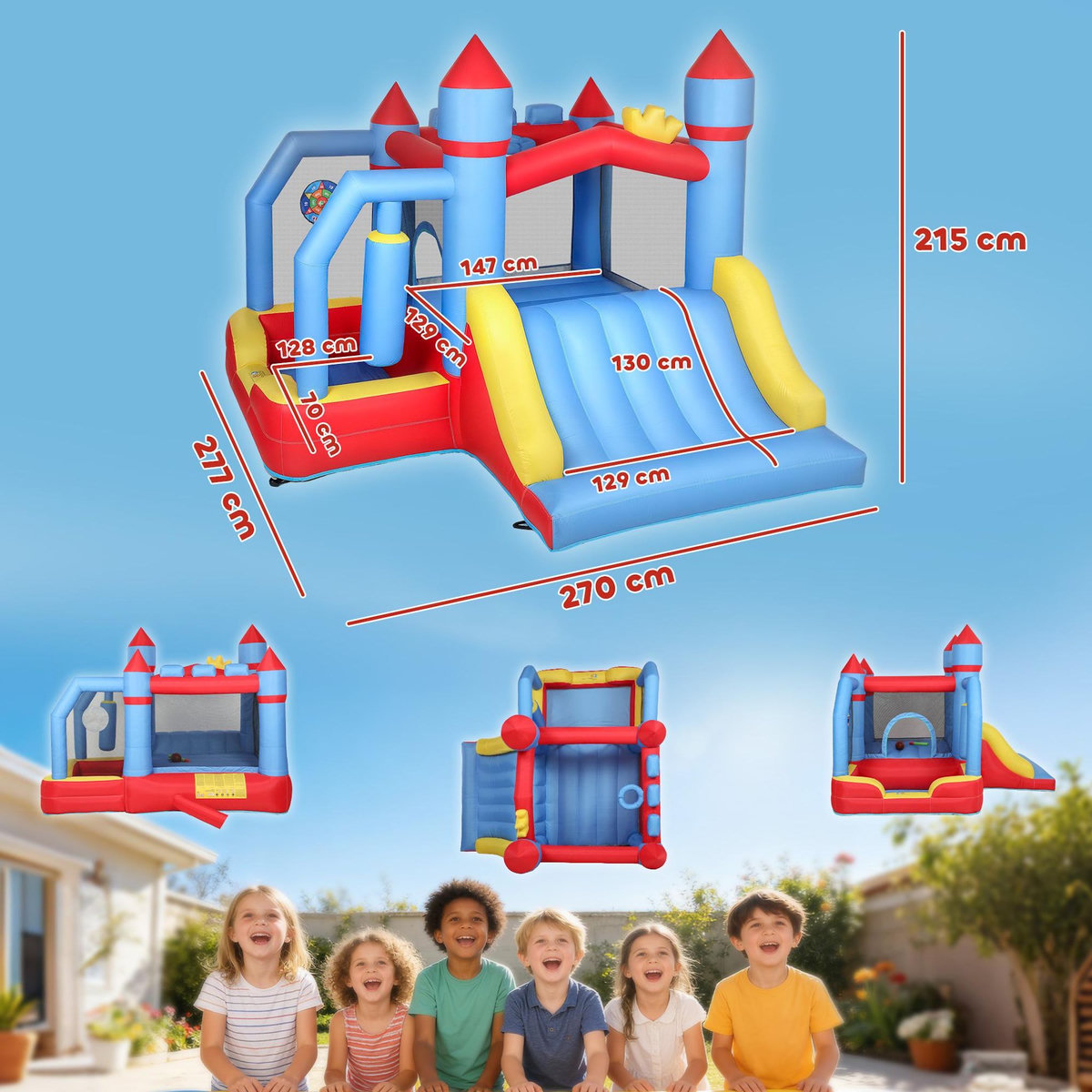 HOMCOM Château gonflable 5 en 1 piscine toboggan trampoline panier de basket sac de frappe