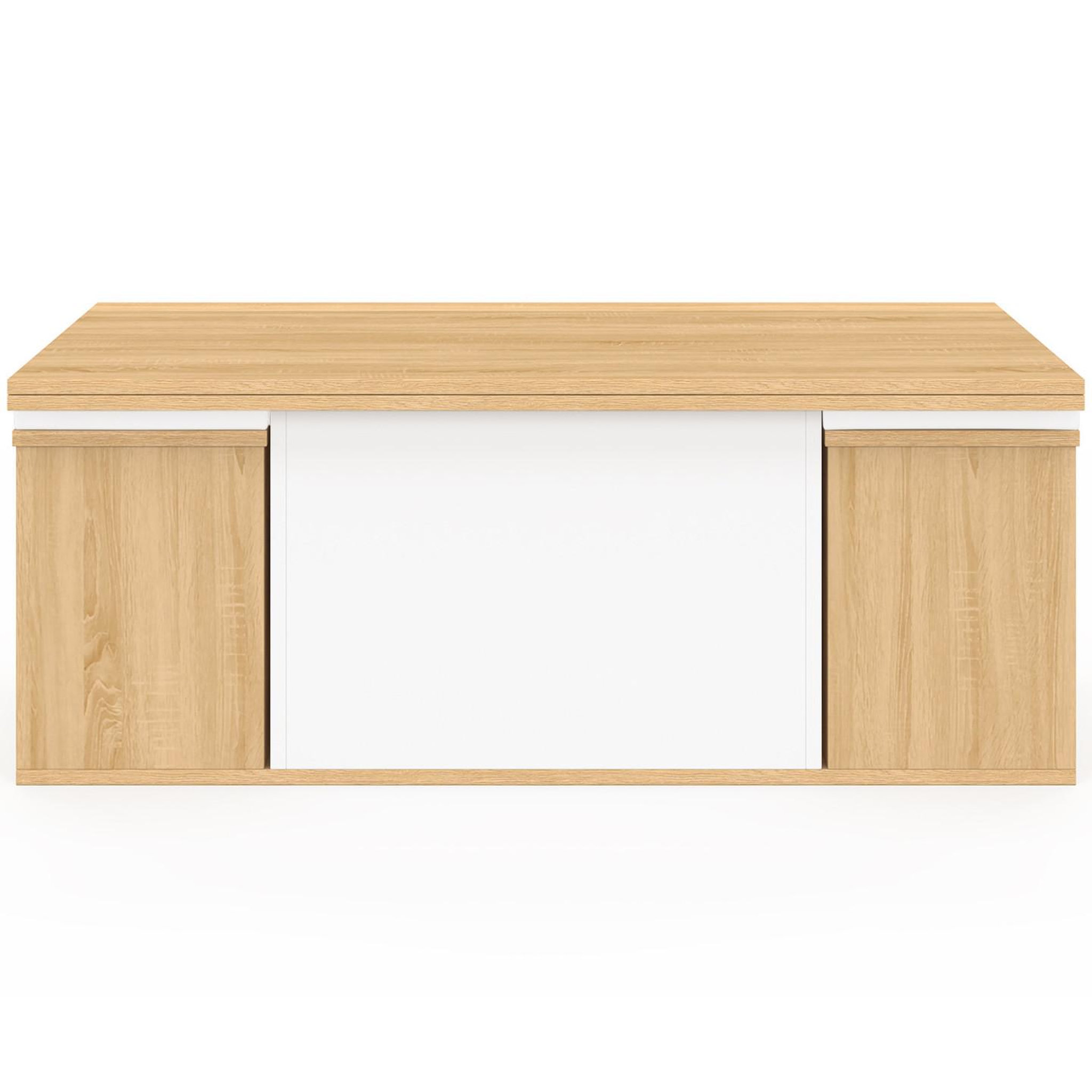 Voir la diapositive 3 : ID MARKET Table basse plateau relevable rectangulaire convertible en table à manger eden 100 cm bois et blanc avec poufs