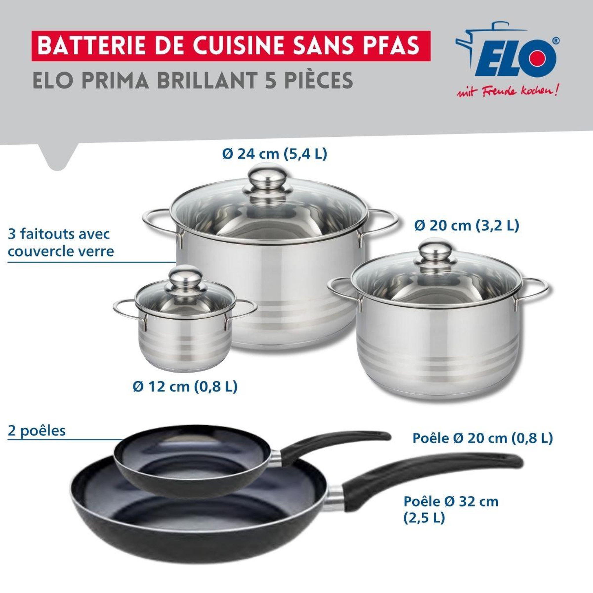 Voir la diapositive 2 : ELO Ensemble de 2 poêles de cuisson 20 et 32 cm et 3 faitouts 12, 20 et 24 cm elo prima brillant