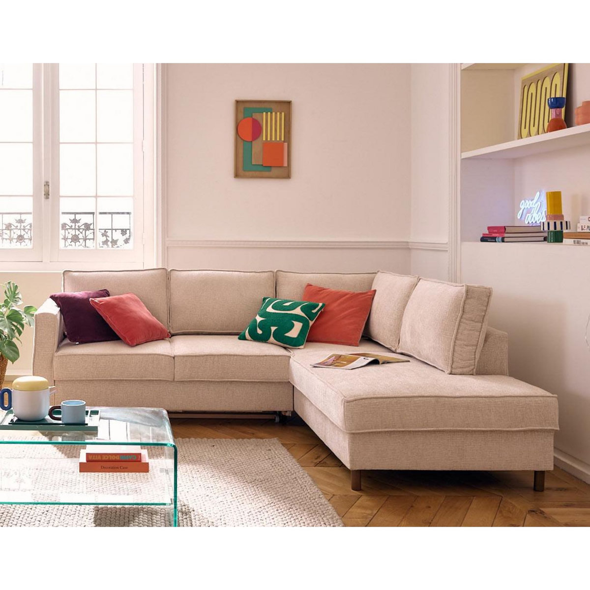 LISA DESIGN Jake - canapé d'angle droit 5 places convertible en tissu velours relief