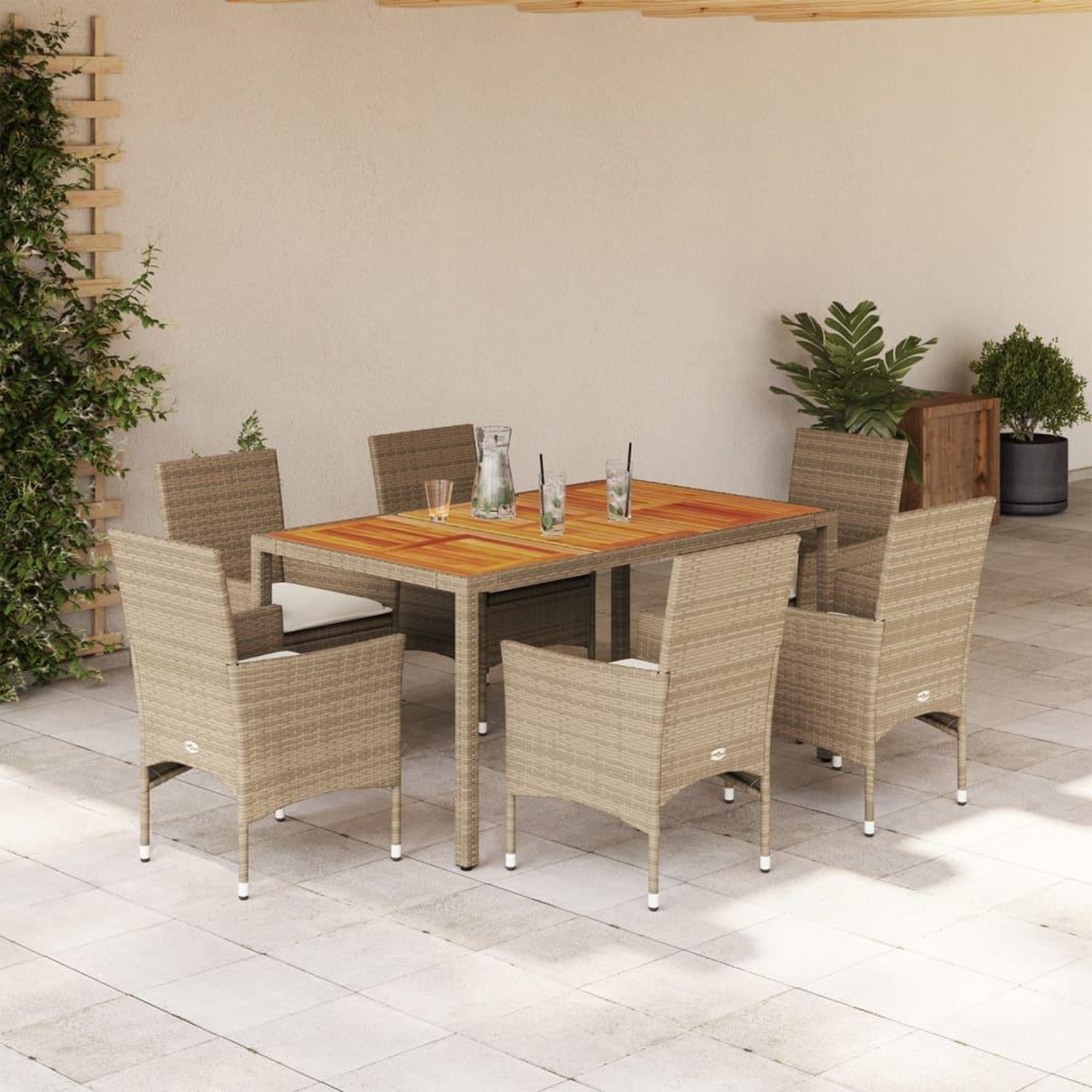 VIDAXL Ensemble a manger de jardin et coussins 7pcs beige rotin acacia