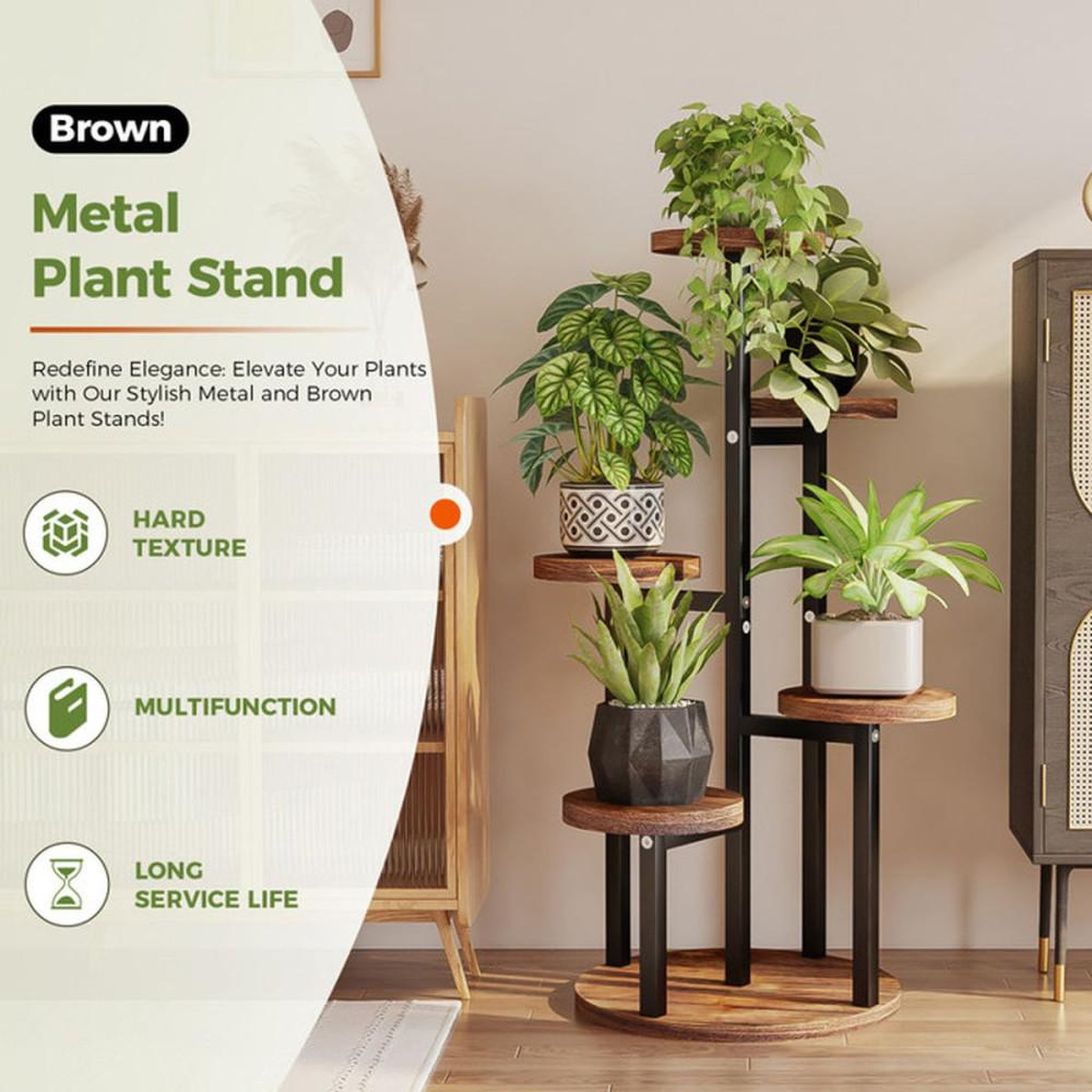 Voir la diapositive 3 : Support plante escalier 5 niveaux bois et métal, finition anti-moisissure jaune/marron