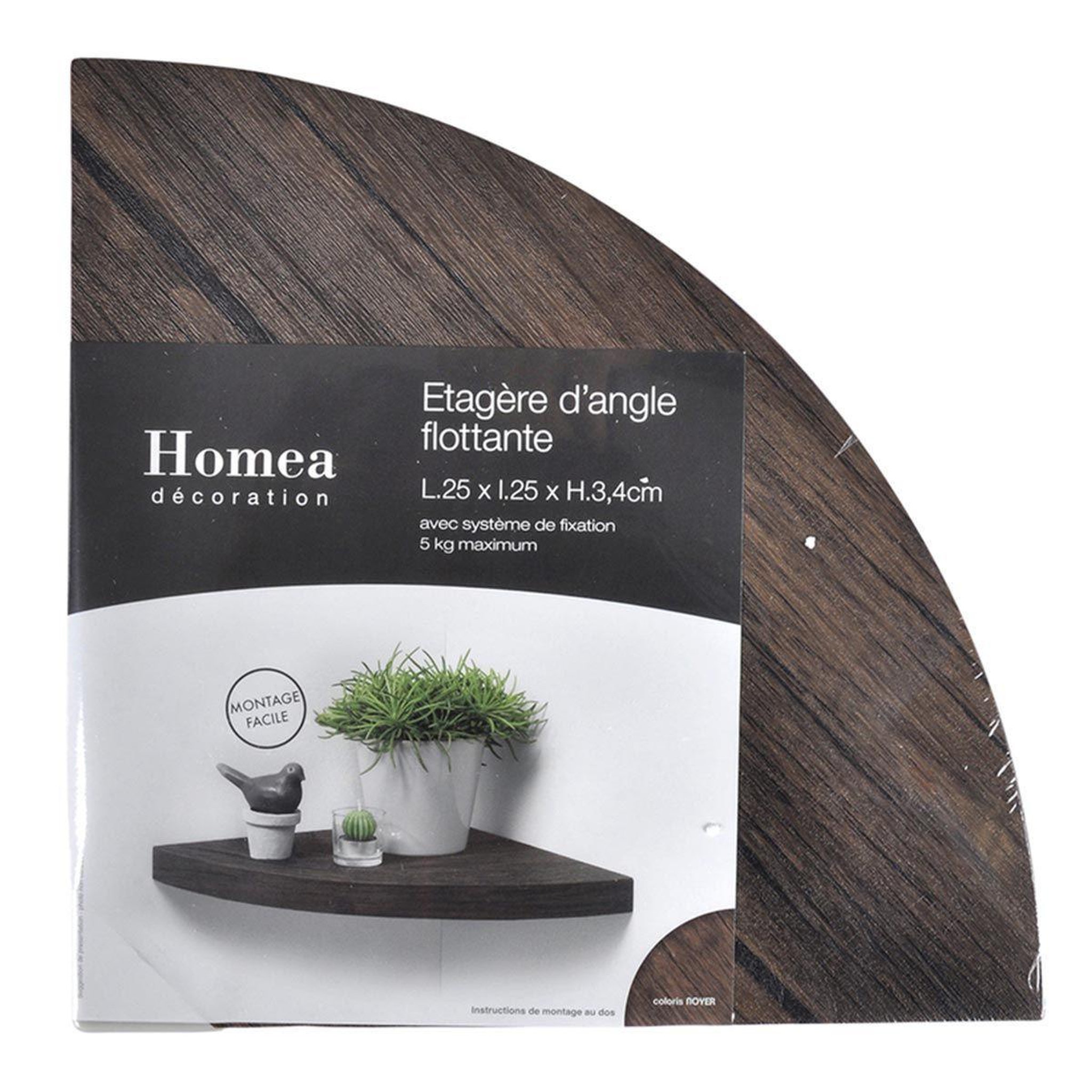 Voir la diapositive 2 : HOMEA Étagère d'angle murale  flottante  25cm noyer