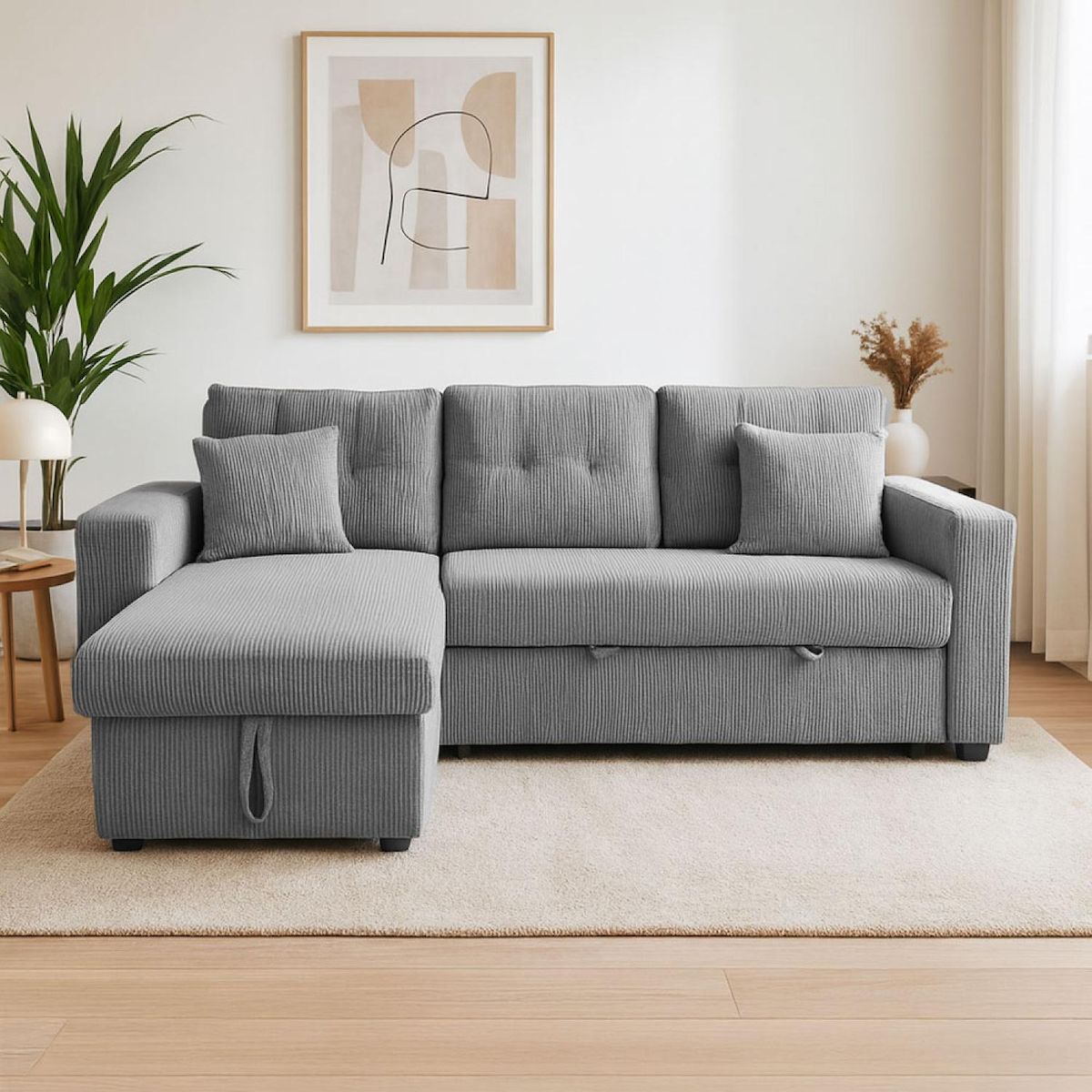CONCEPT USINE Canapé d'angle convertible 4 places avec coffre en velours côtelé gris GLASGOW