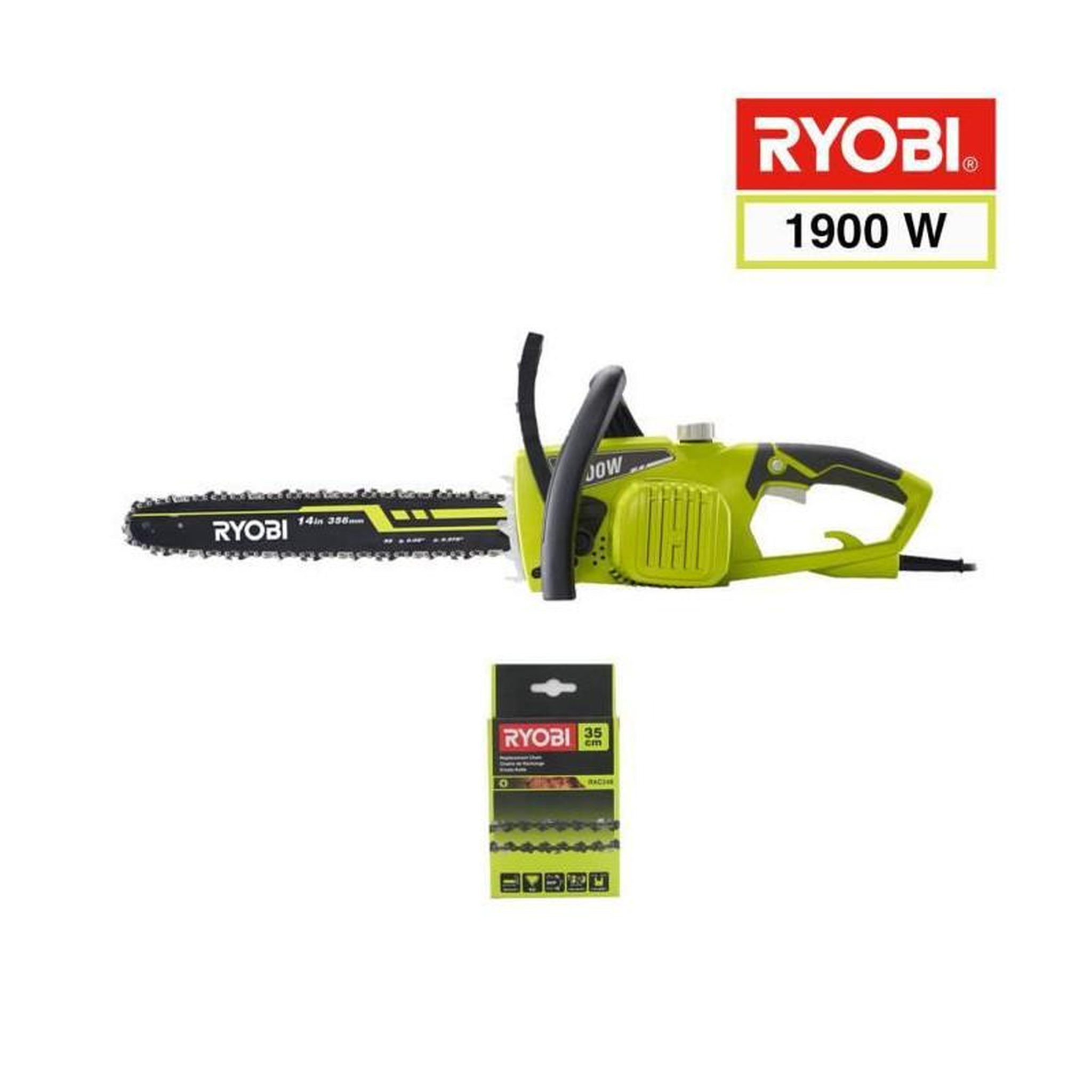 Voir la diapositive 2 : Ryobi Tronçonneuse électrique ryobi - rcs1935b2c - 1900w - 2 chaines 35 cm rac248